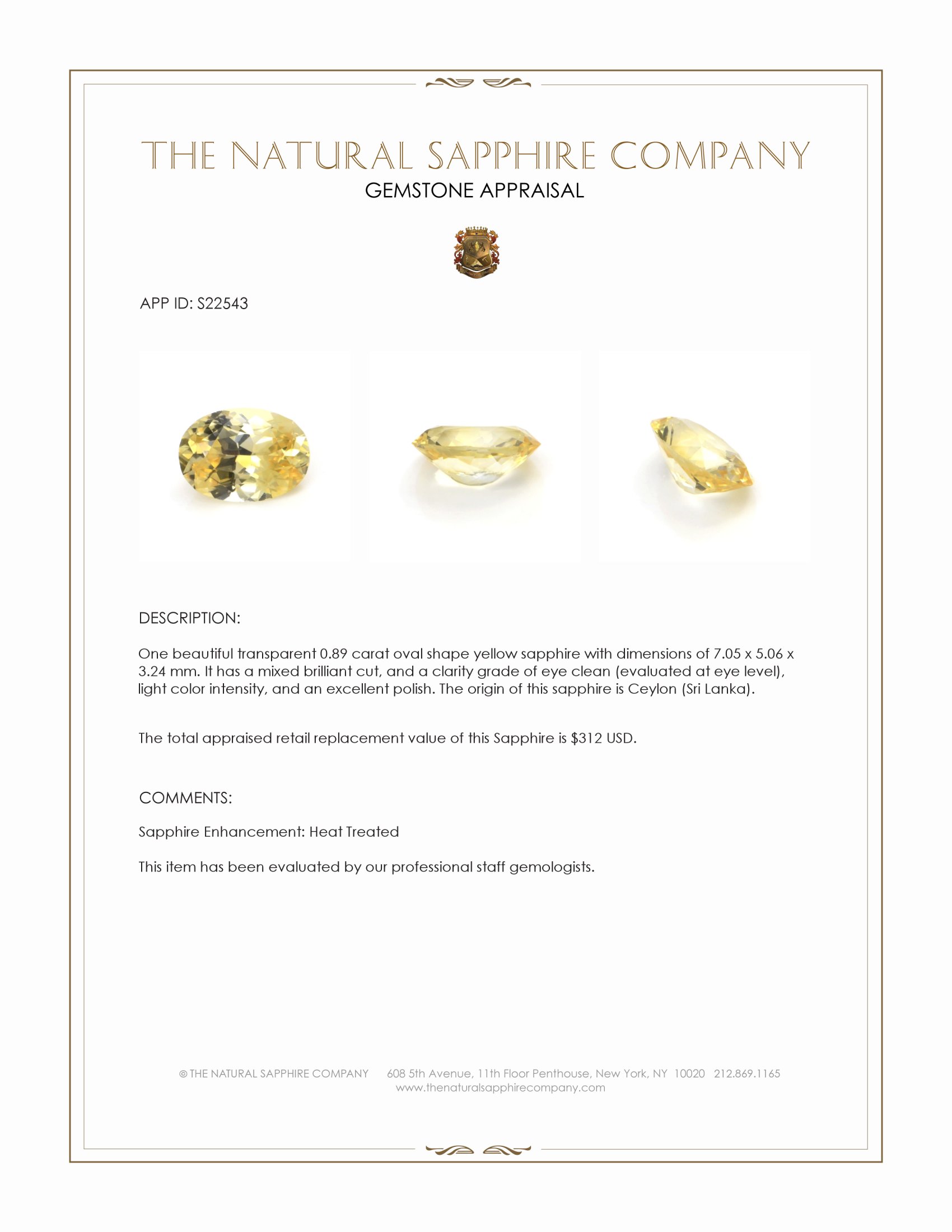 0.89 Ct. Yellow Sapphire from Ceylon (Sri Lanka)