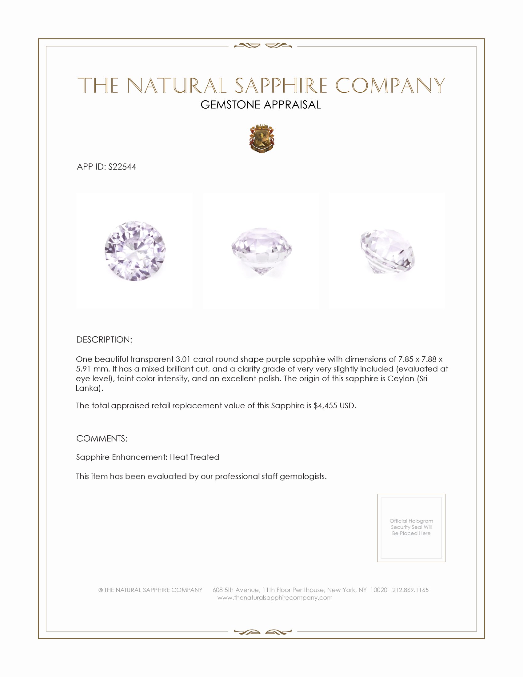 3.01 Ct. Purple Sapphire from Ceylon (Sri Lanka)
