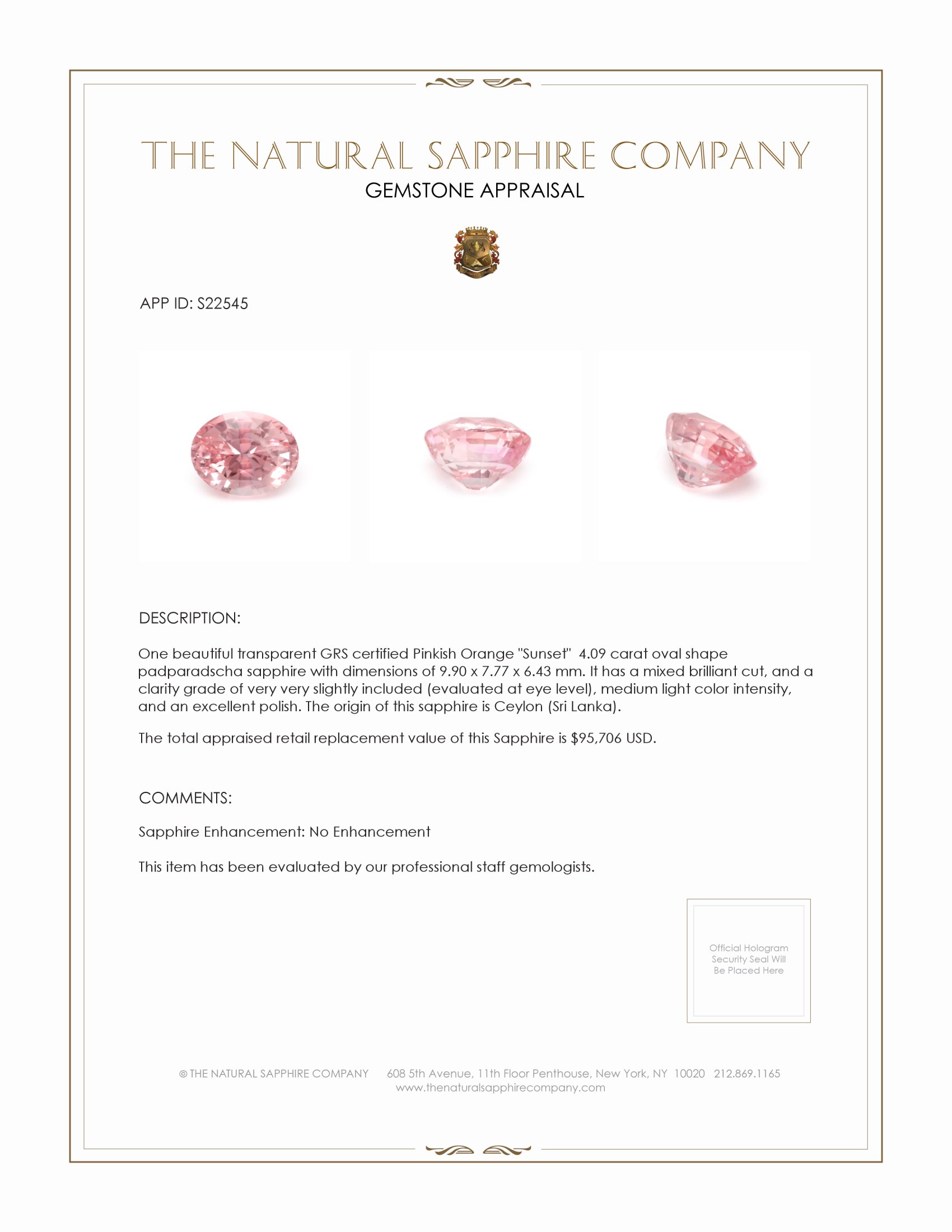 4.09 Ct. Padparadscha Sapphire from Ceylon (Sri Lanka)