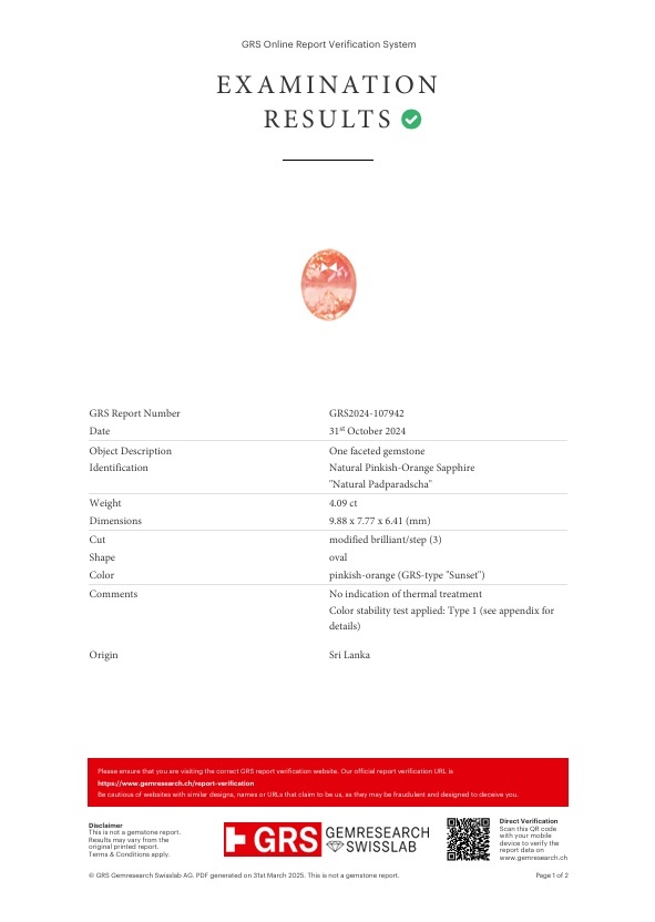 4.09 Ct. Padparadscha Sapphire from Ceylon (Sri Lanka)