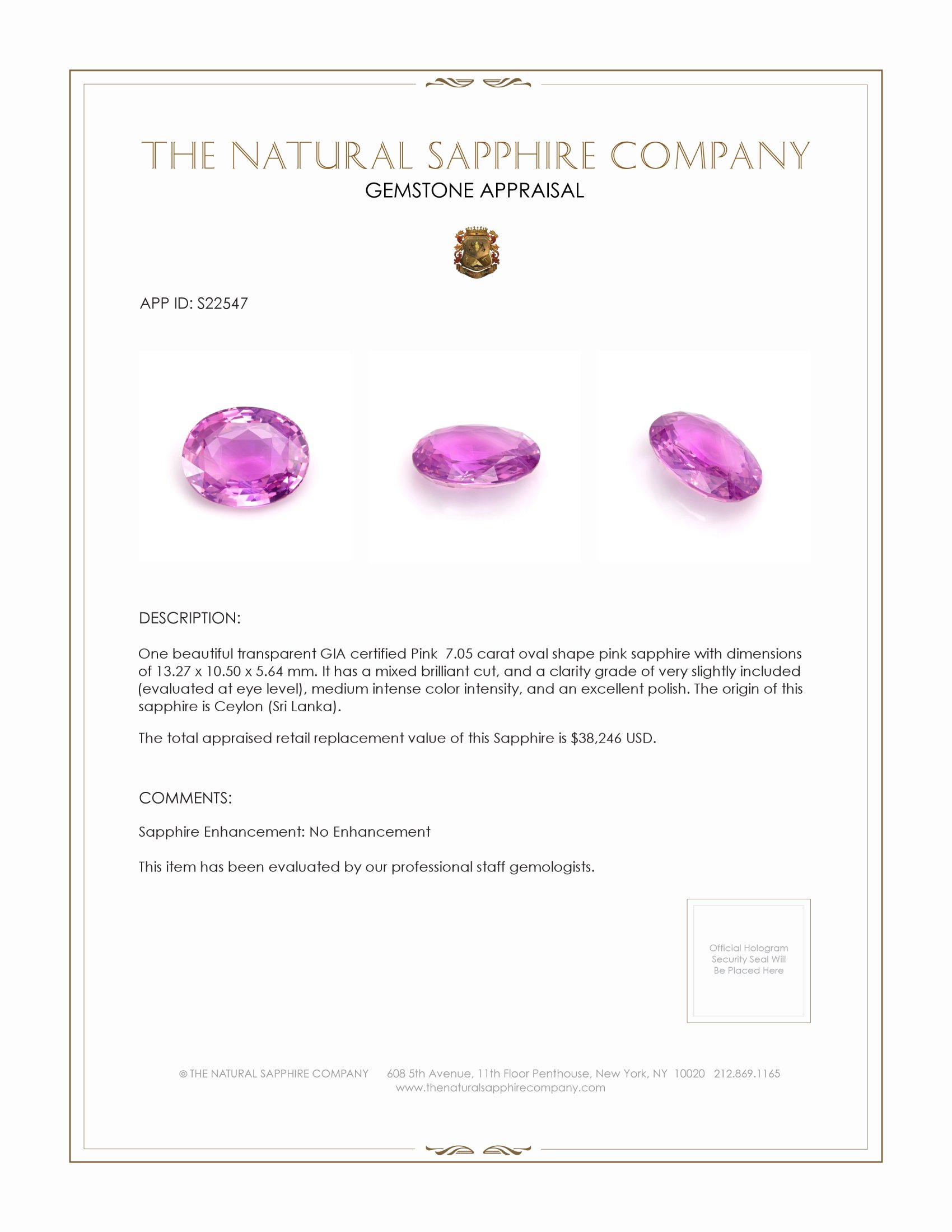 7.05 Ct. Pink Sapphire from Ceylon (Sri Lanka)