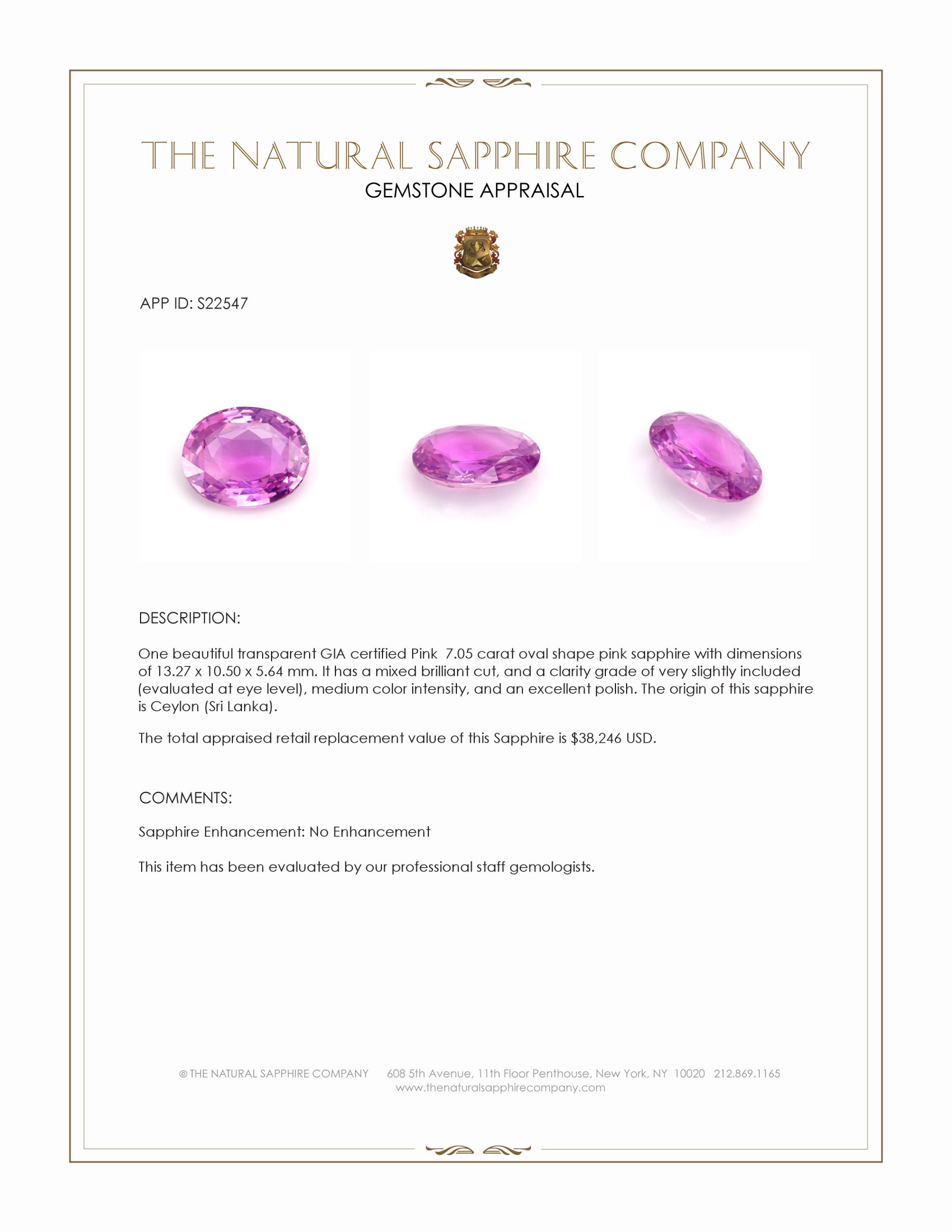 7.05 Ct. Pink Sapphire from Ceylon (Sri Lanka)