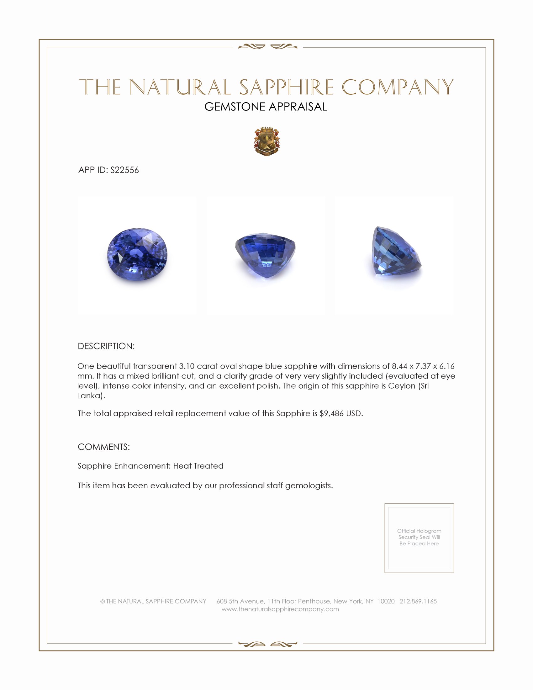 3.10 Ct. Blue Sapphire from Ceylon (Sri Lanka)