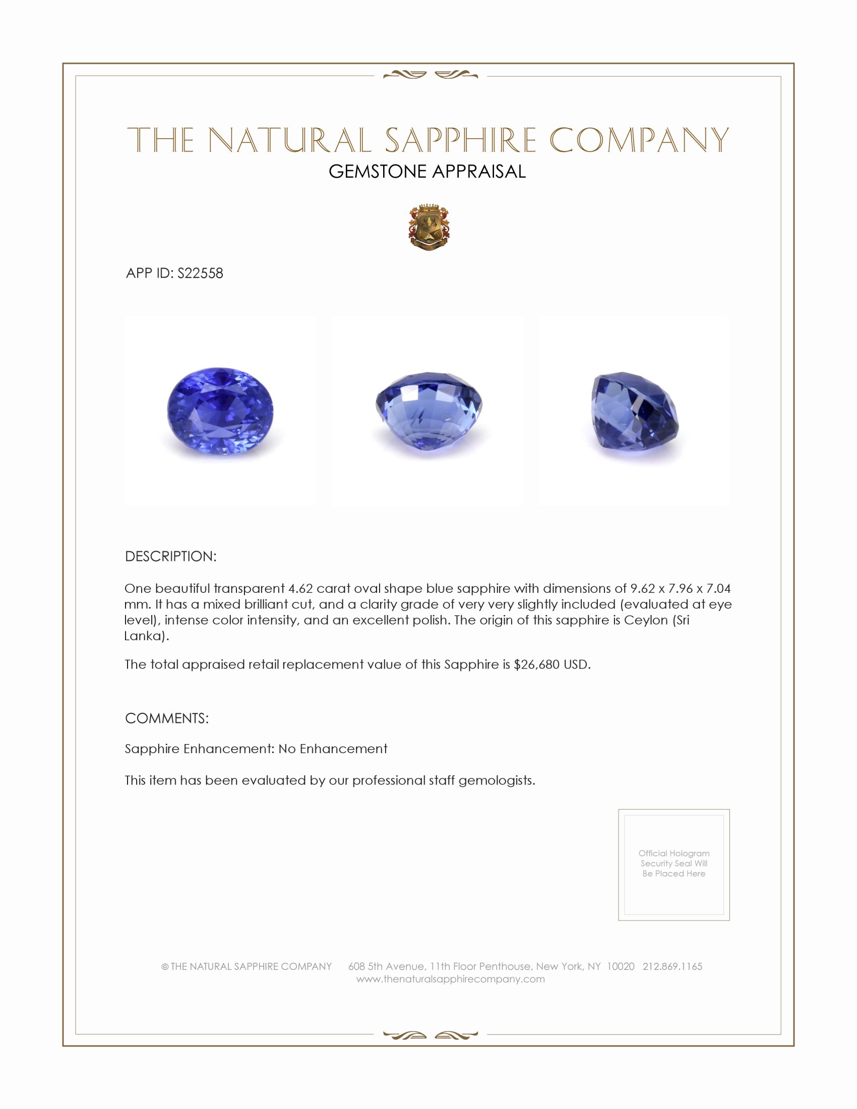 4.62 Ct. Blue Sapphire from Ceylon (Sri Lanka)