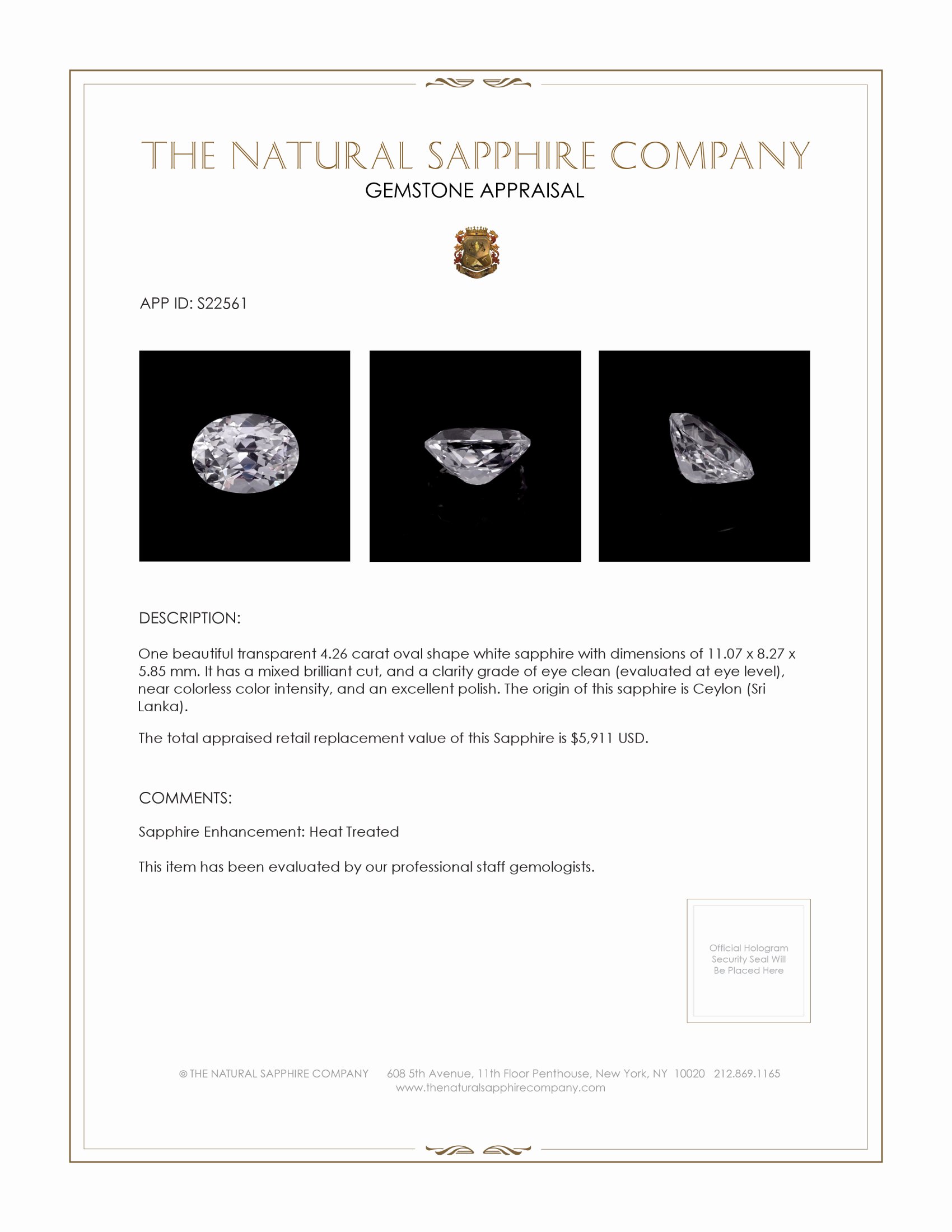 4.26 Ct. White Sapphire from Ceylon (Sri Lanka)