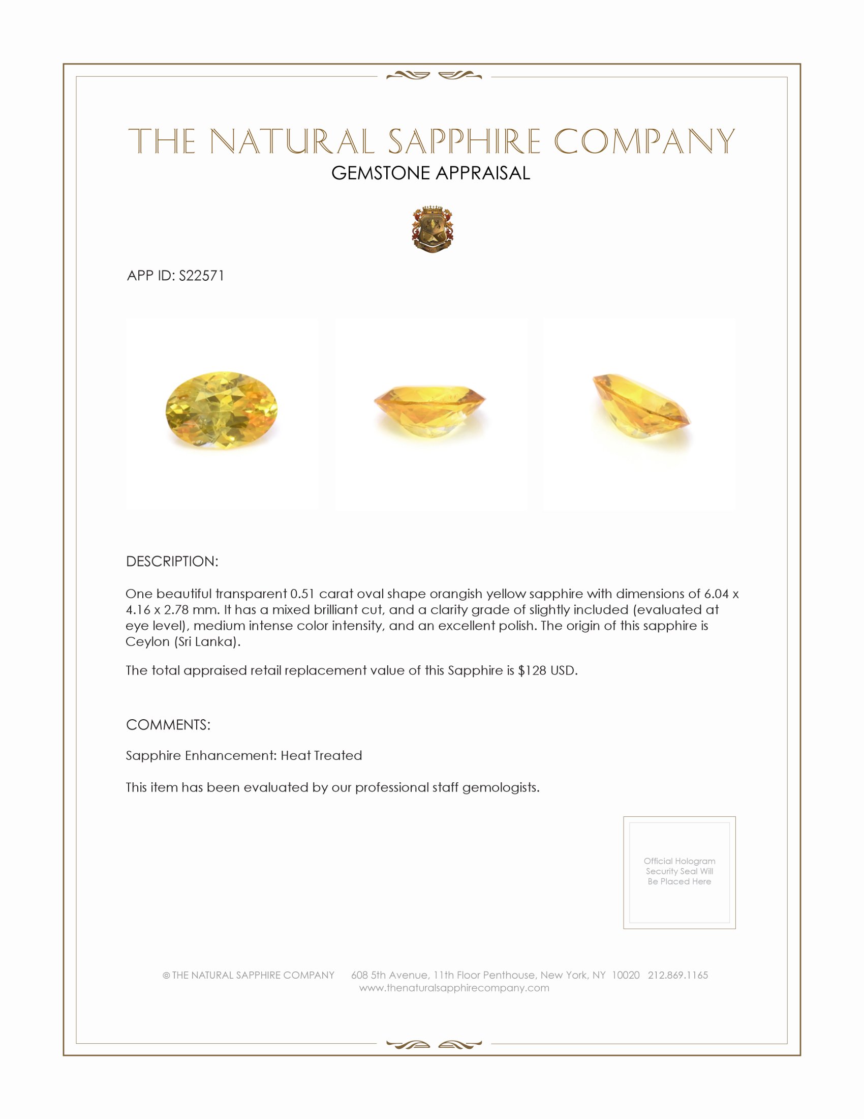0.51 Ct. Orangish Yellow Sapphire from Ceylon (Sri Lanka)
