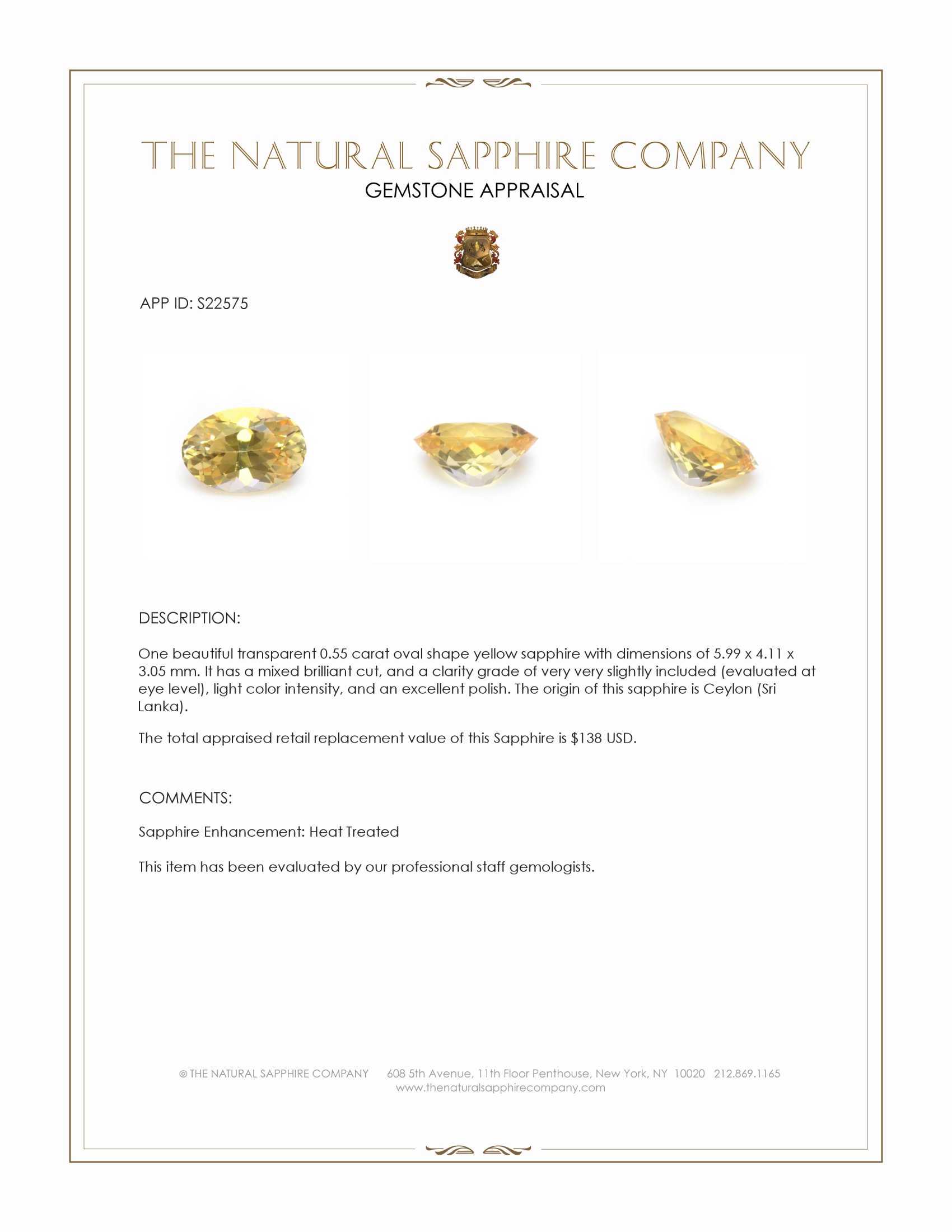 0.55 Ct. Yellow Sapphire from Ceylon (Sri Lanka)