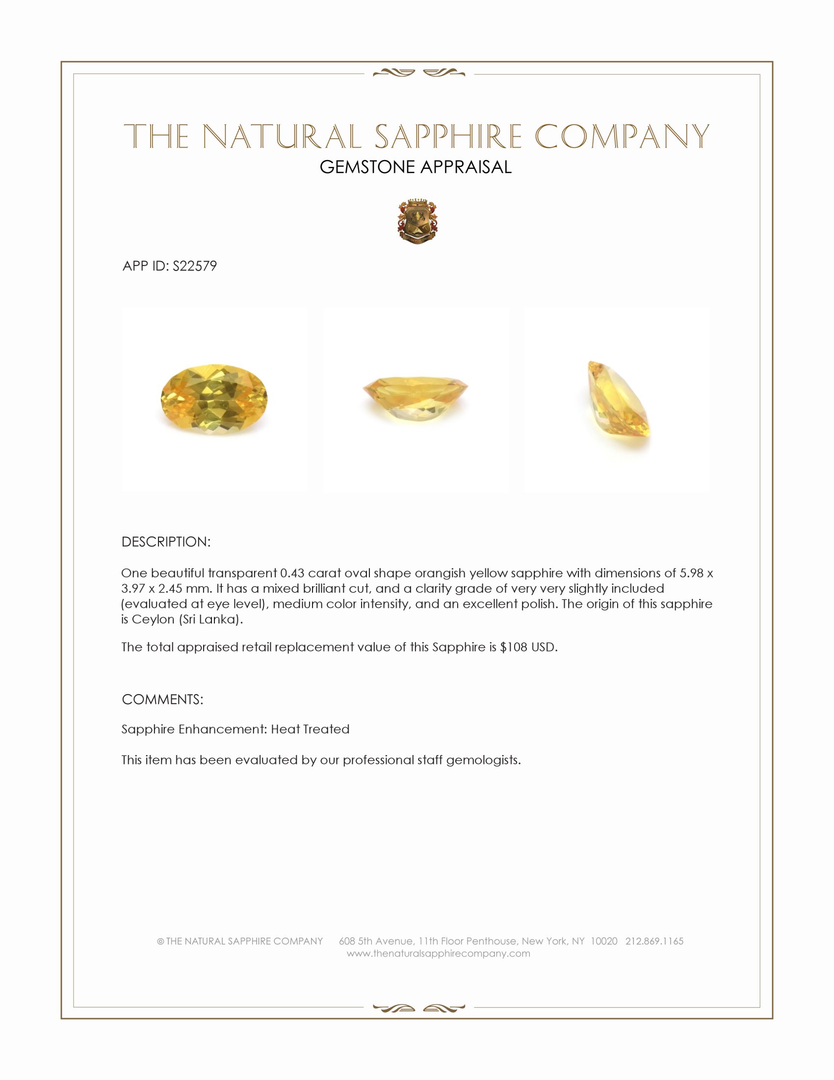 0.43 Ct. Orangish Yellow Sapphire from Ceylon (Sri Lanka)