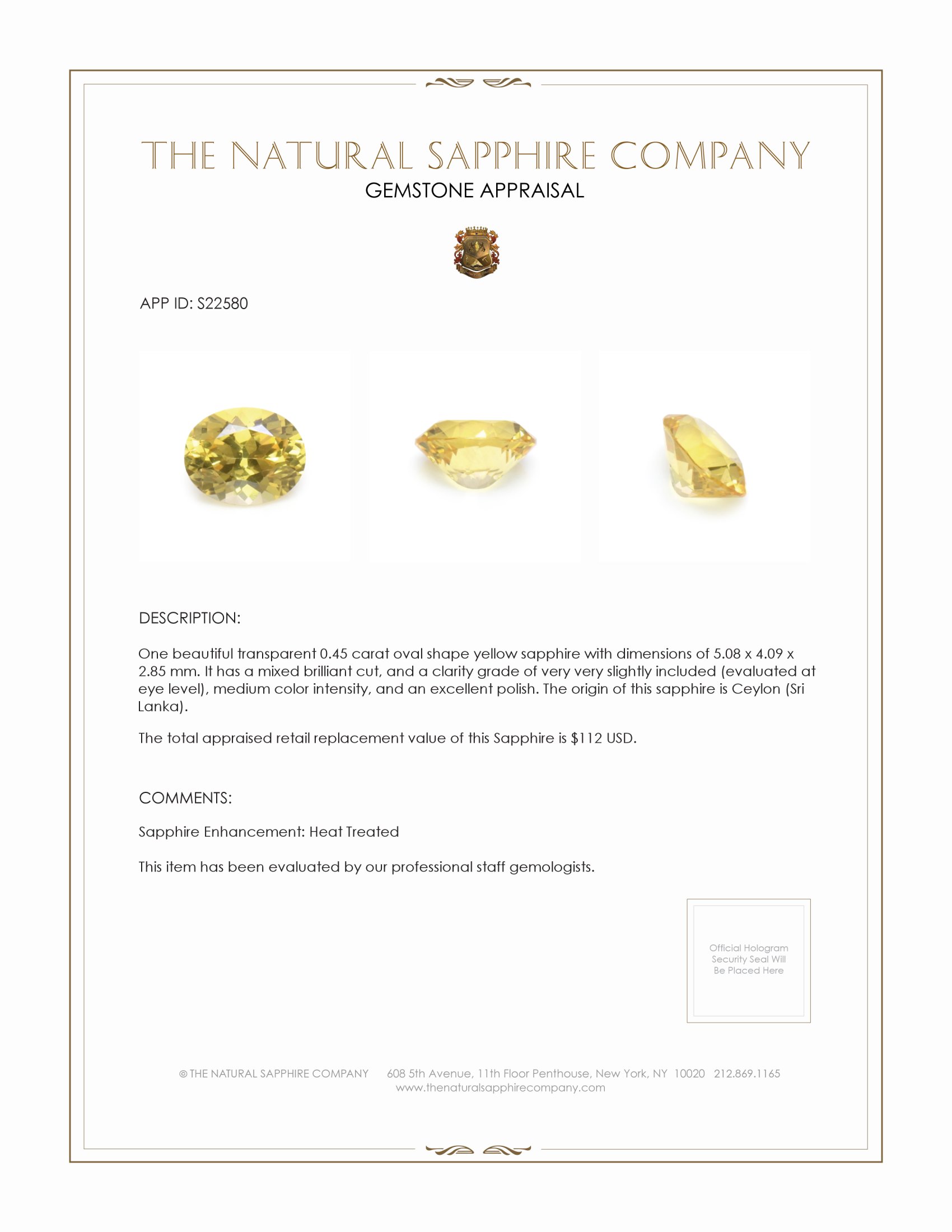 0.45 Ct. Yellow Sapphire from Ceylon (Sri Lanka)