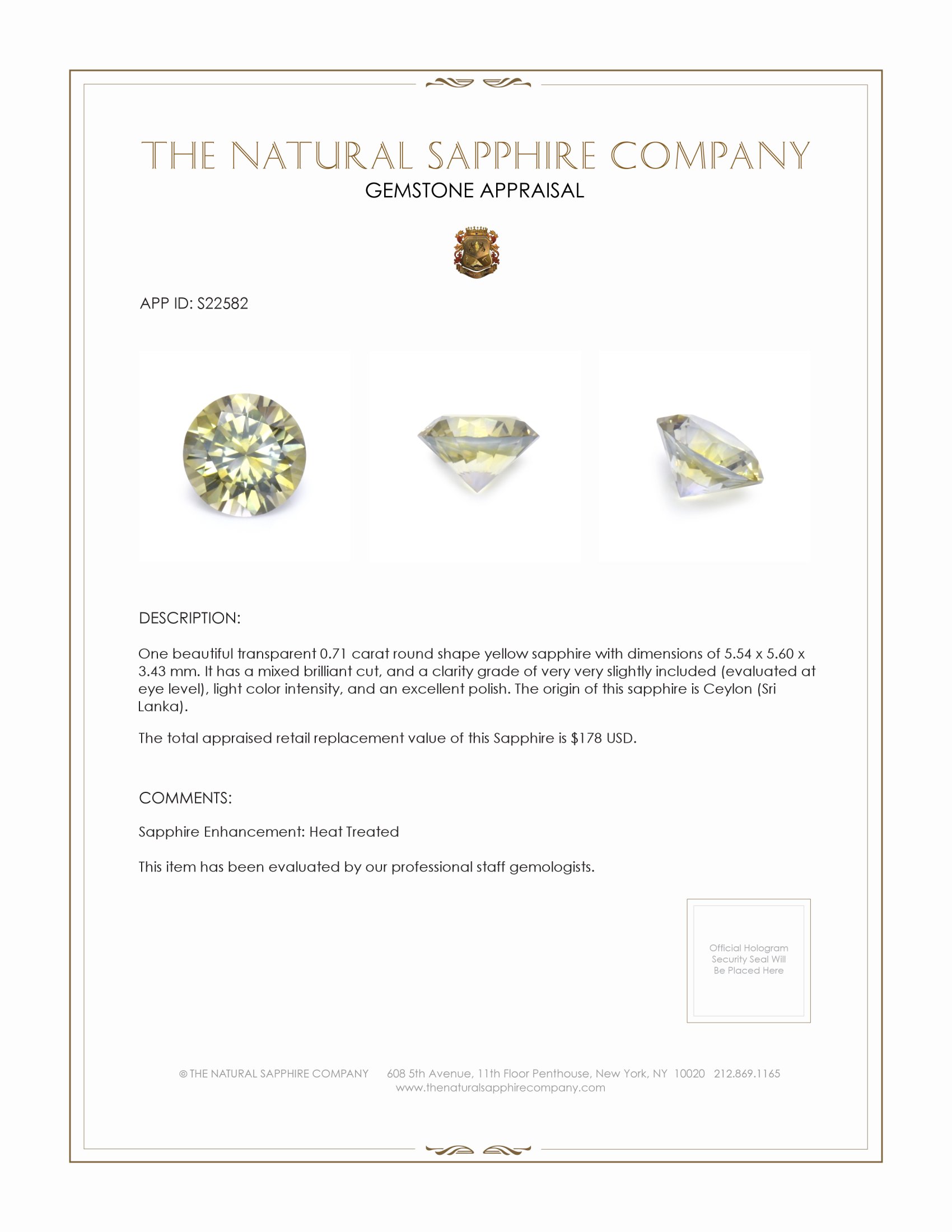 0.71 Ct. Yellow Sapphire from Ceylon (Sri Lanka)
