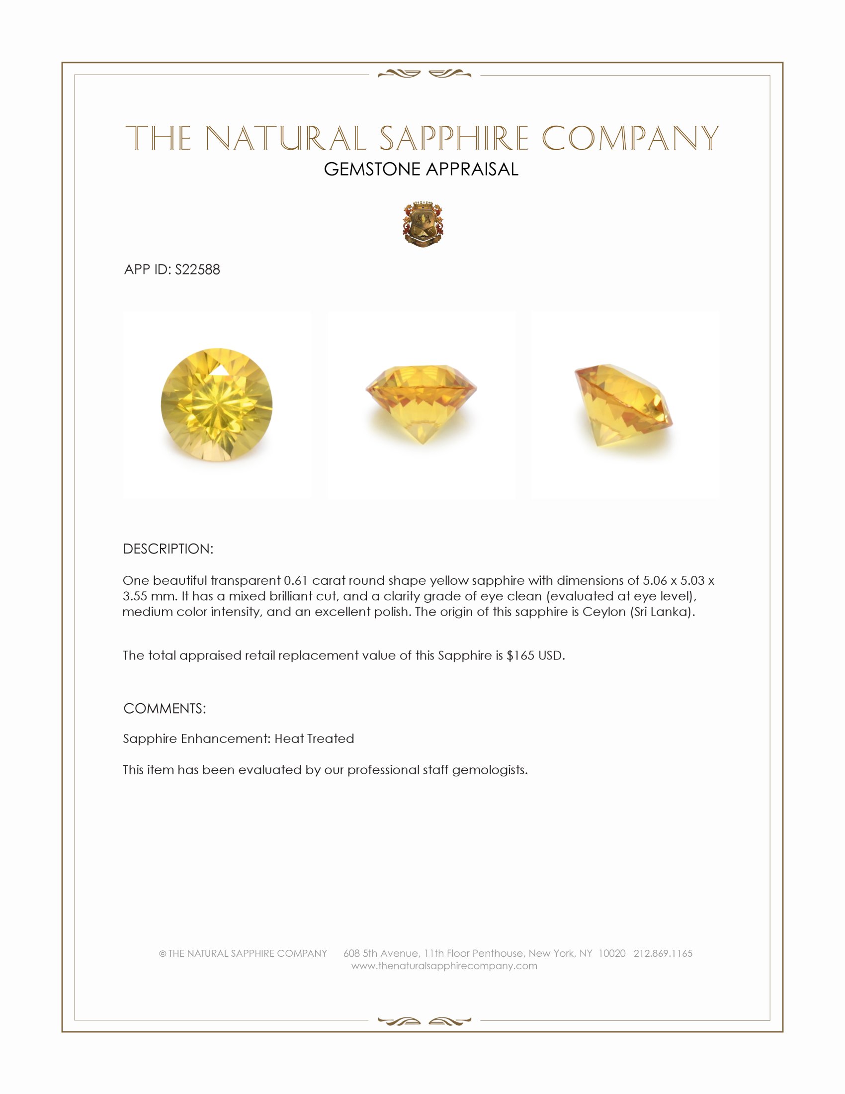 0.61 Ct. Yellow Sapphire from Ceylon (Sri Lanka)