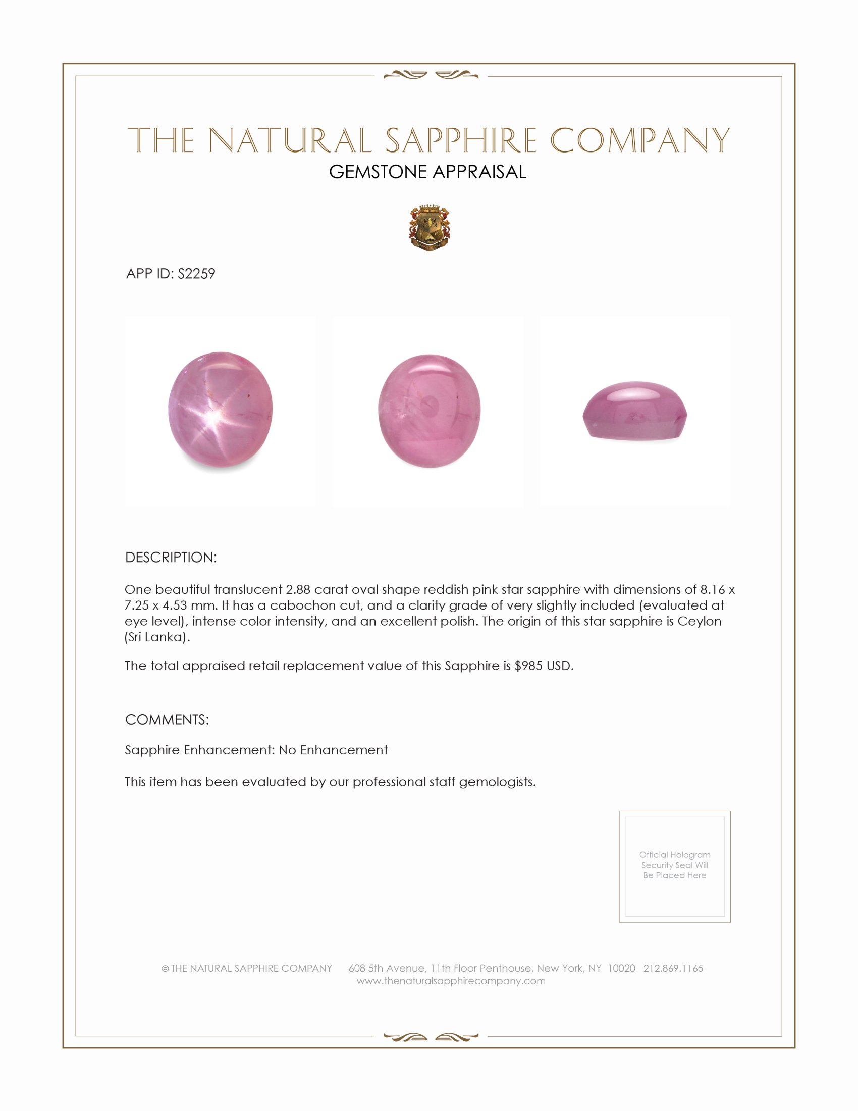 2.88 Ct. Reddish Pink Star Sapphire from Ceylon (Sri Lanka)