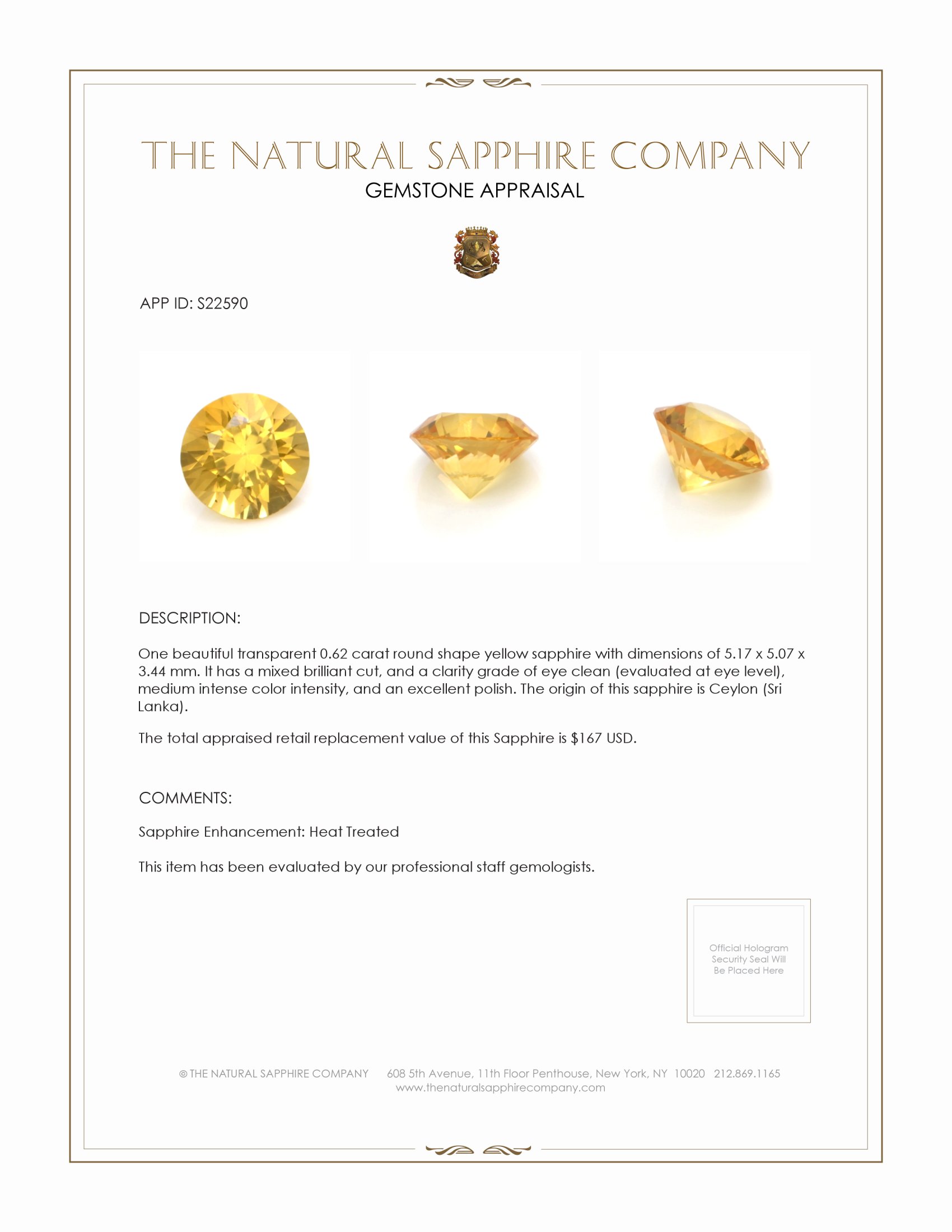 0.62 Ct. Yellow Sapphire from Ceylon (Sri Lanka)