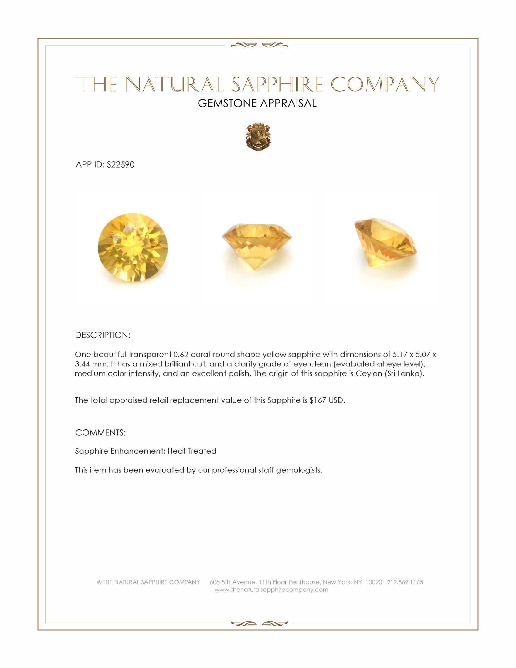 0.62 Ct. Yellow Sapphire from Ceylon (Sri Lanka)