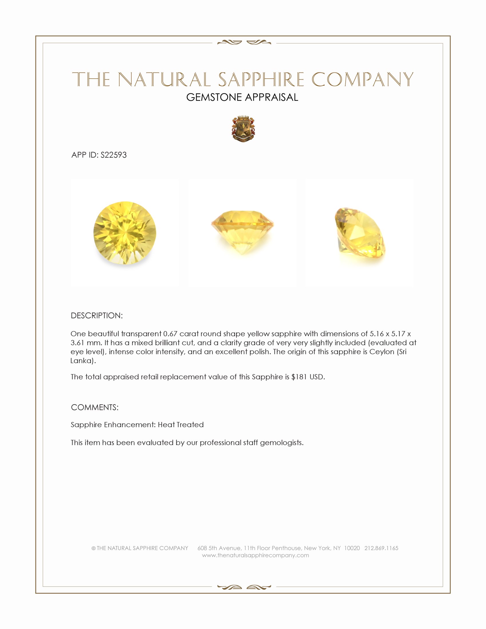 0.67 Ct. Yellow Sapphire from Ceylon (Sri Lanka)