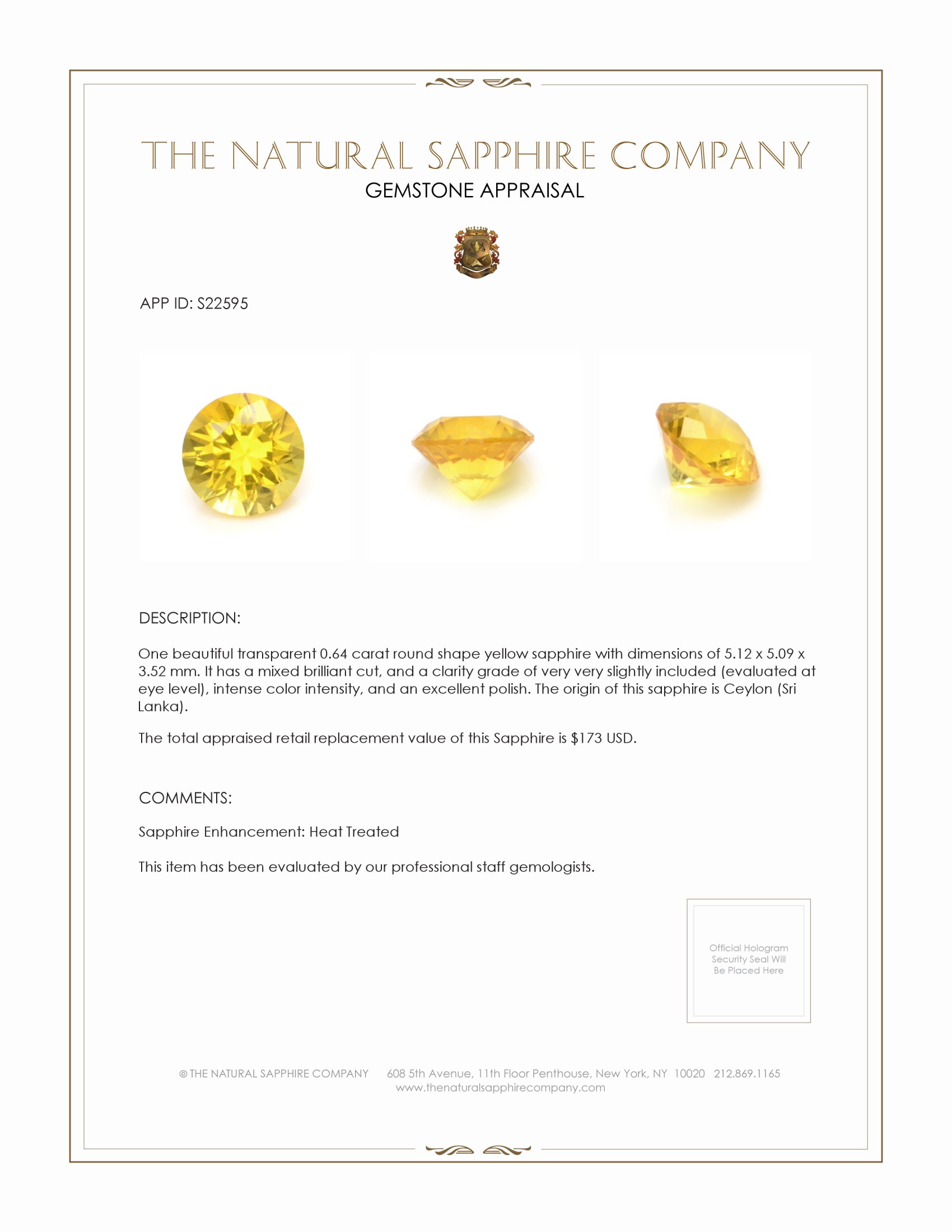 0.64 Ct. Yellow Sapphire from Ceylon (Sri Lanka)