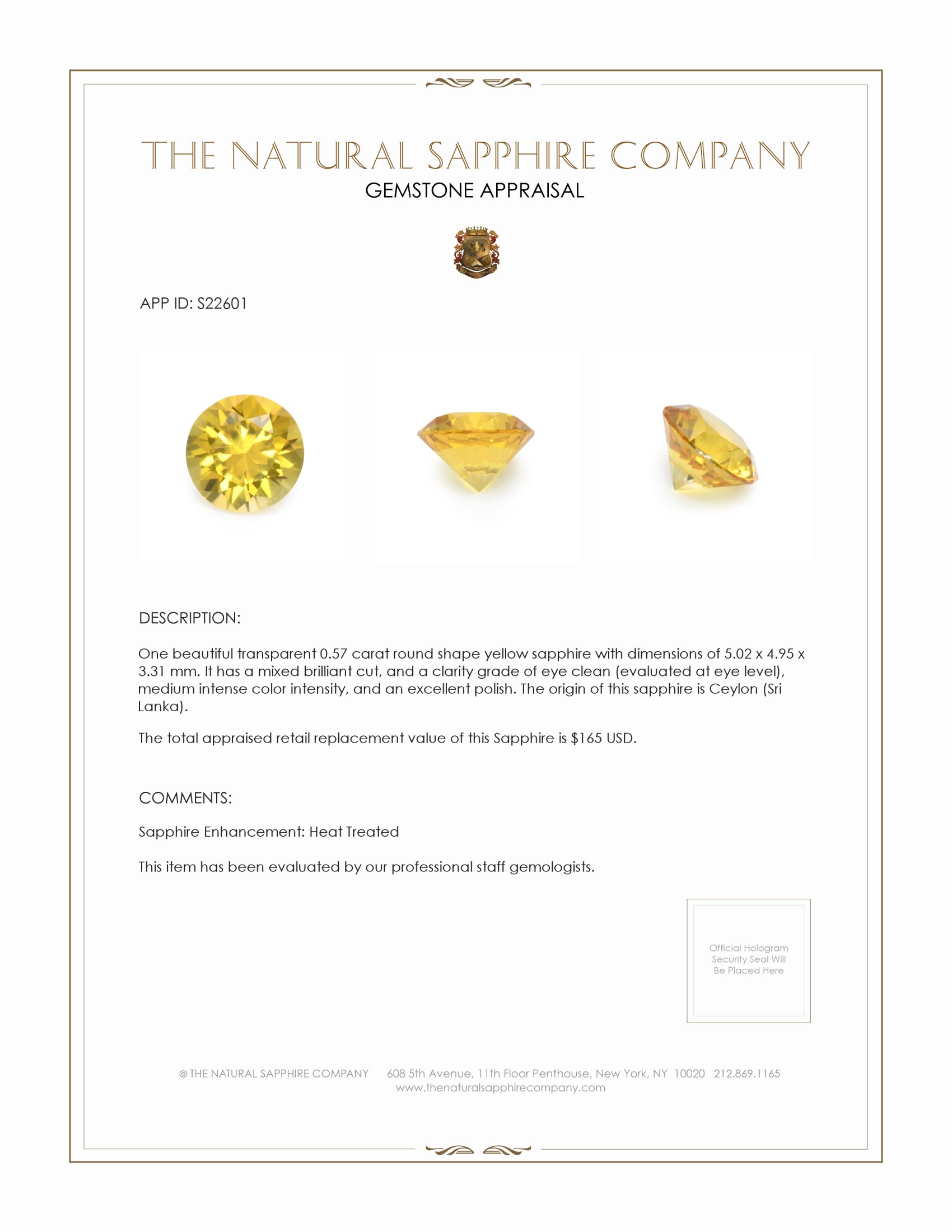 0.57 Ct. Yellow Sapphire from Ceylon (Sri Lanka)