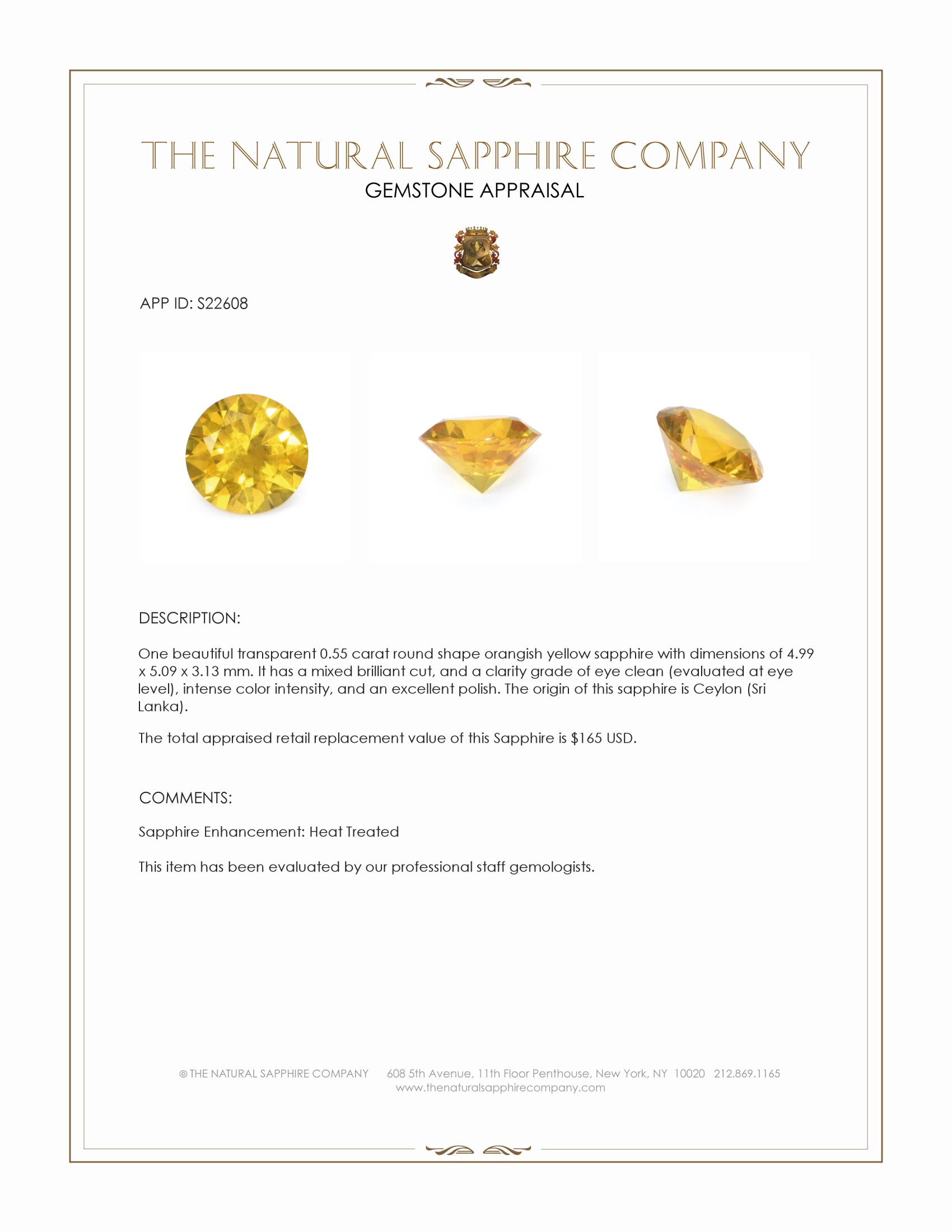 0.55 Ct. Orangish Yellow Sapphire from Ceylon (Sri Lanka)