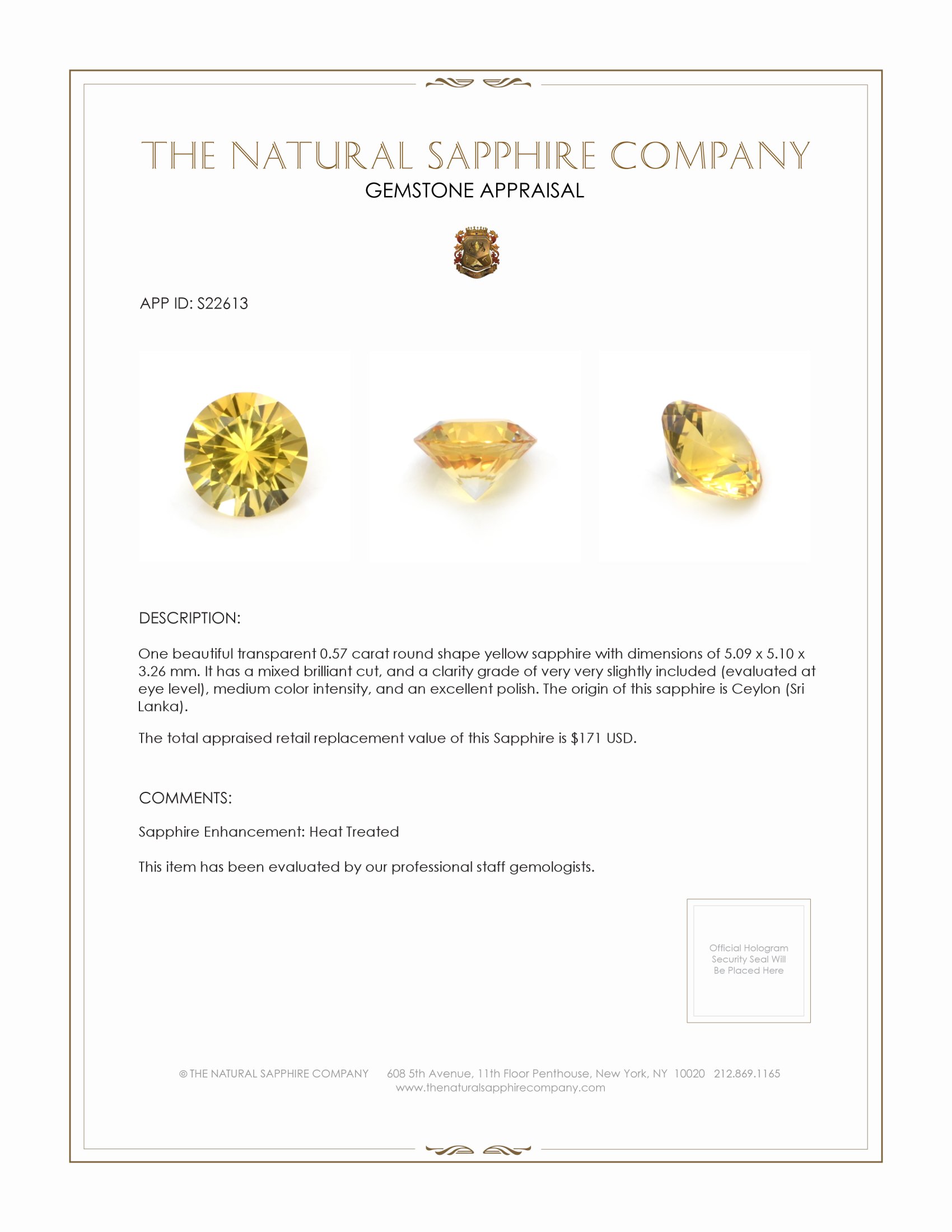 0.57 Ct. Yellow Sapphire from Ceylon (Sri Lanka)