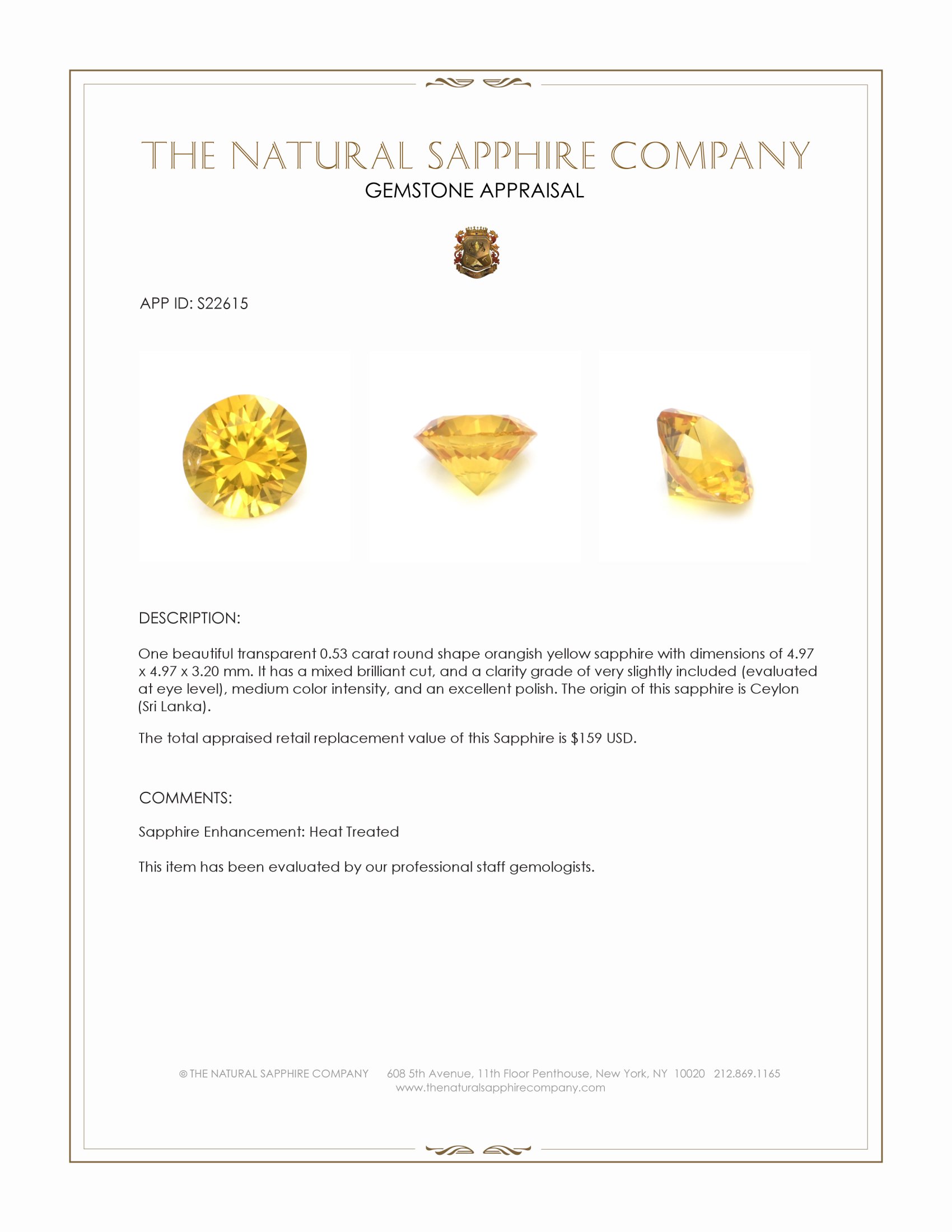 0.53 Ct. Orangish Yellow Sapphire from Ceylon (Sri Lanka)