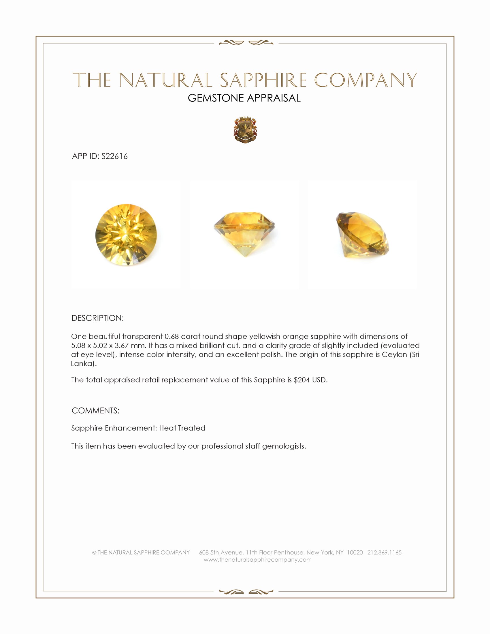0.68 Ct. Yellowish Orange Sapphire from Ceylon (Sri Lanka)