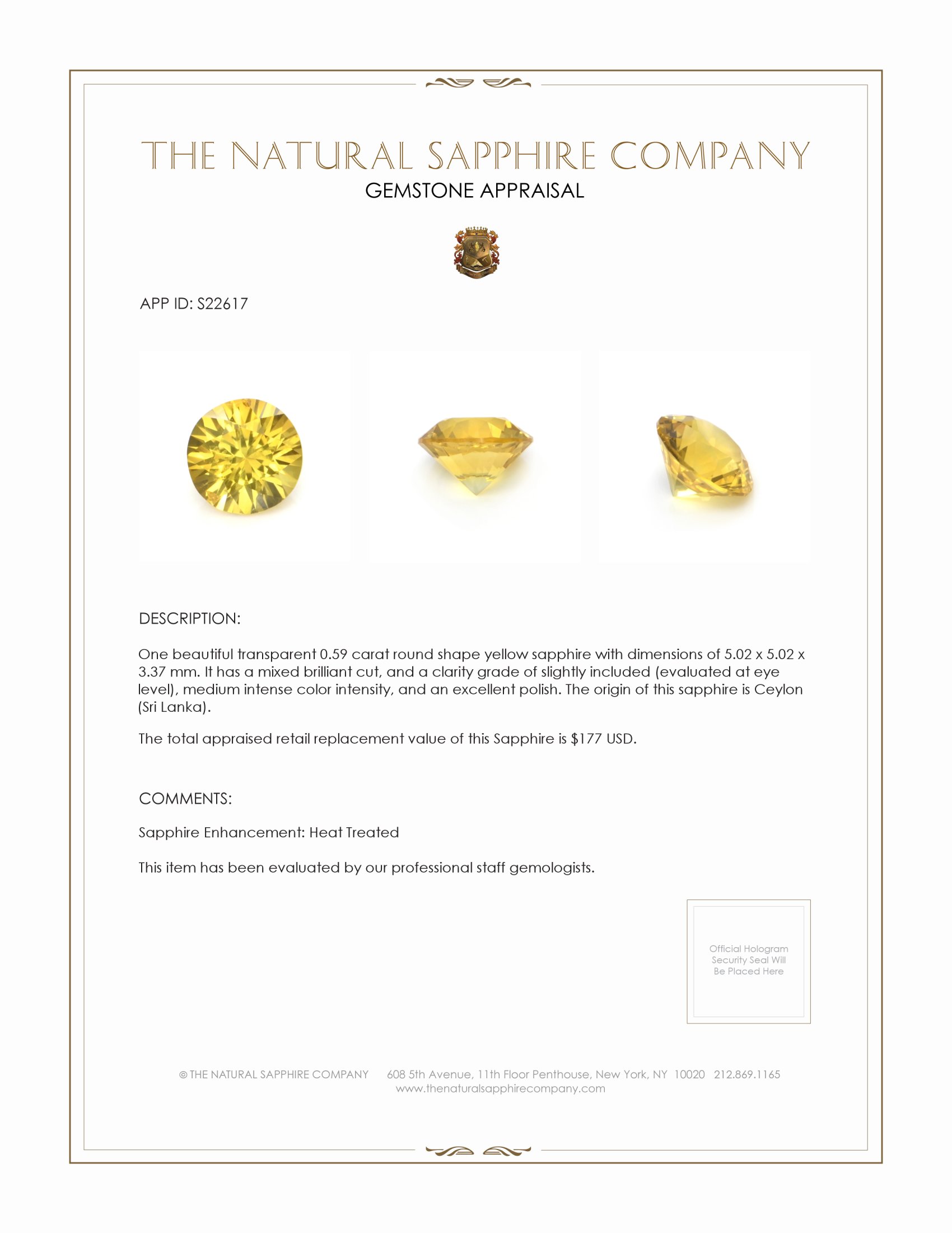0.59 Ct. Yellow Sapphire from Ceylon (Sri Lanka)