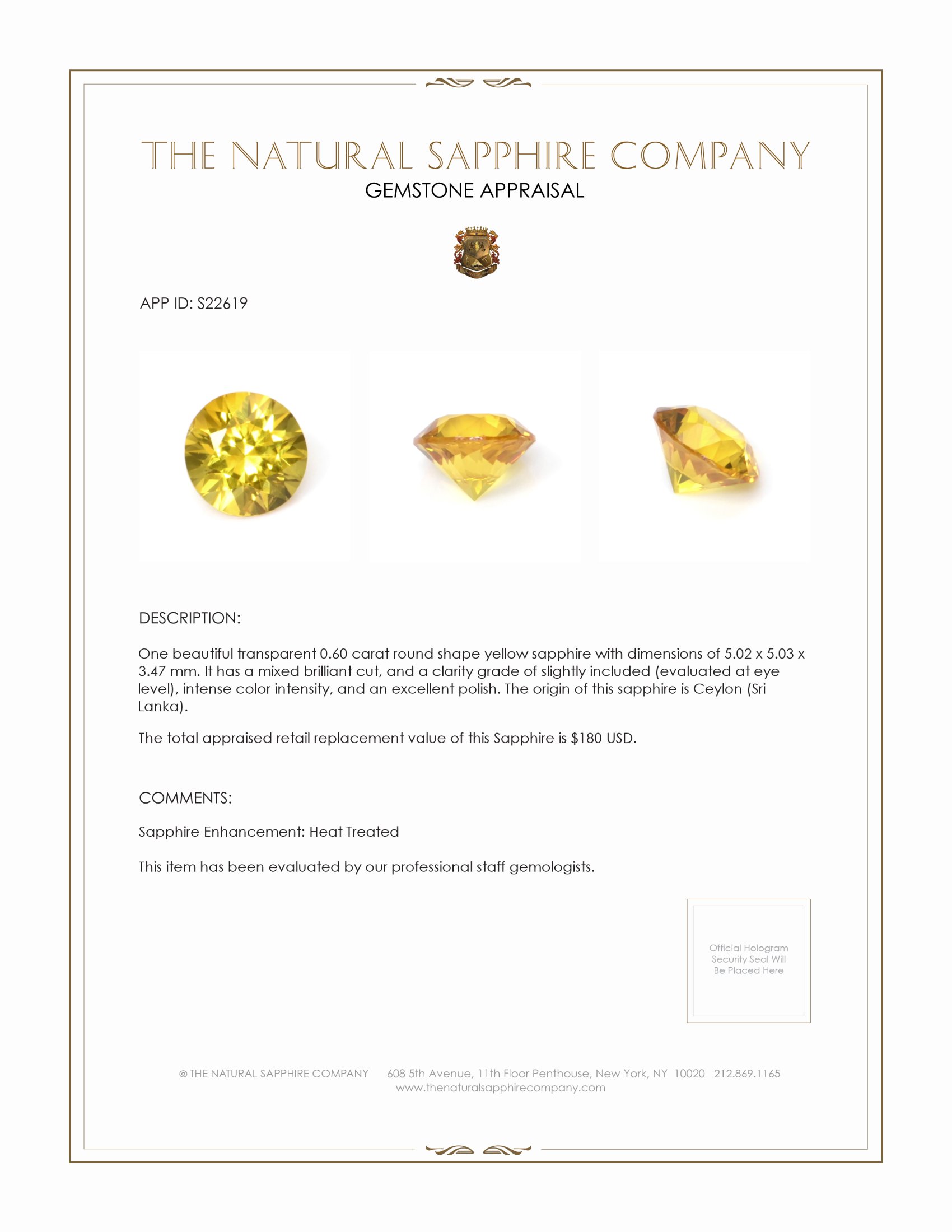 0.60 Ct. Yellow Sapphire from Ceylon (Sri Lanka)