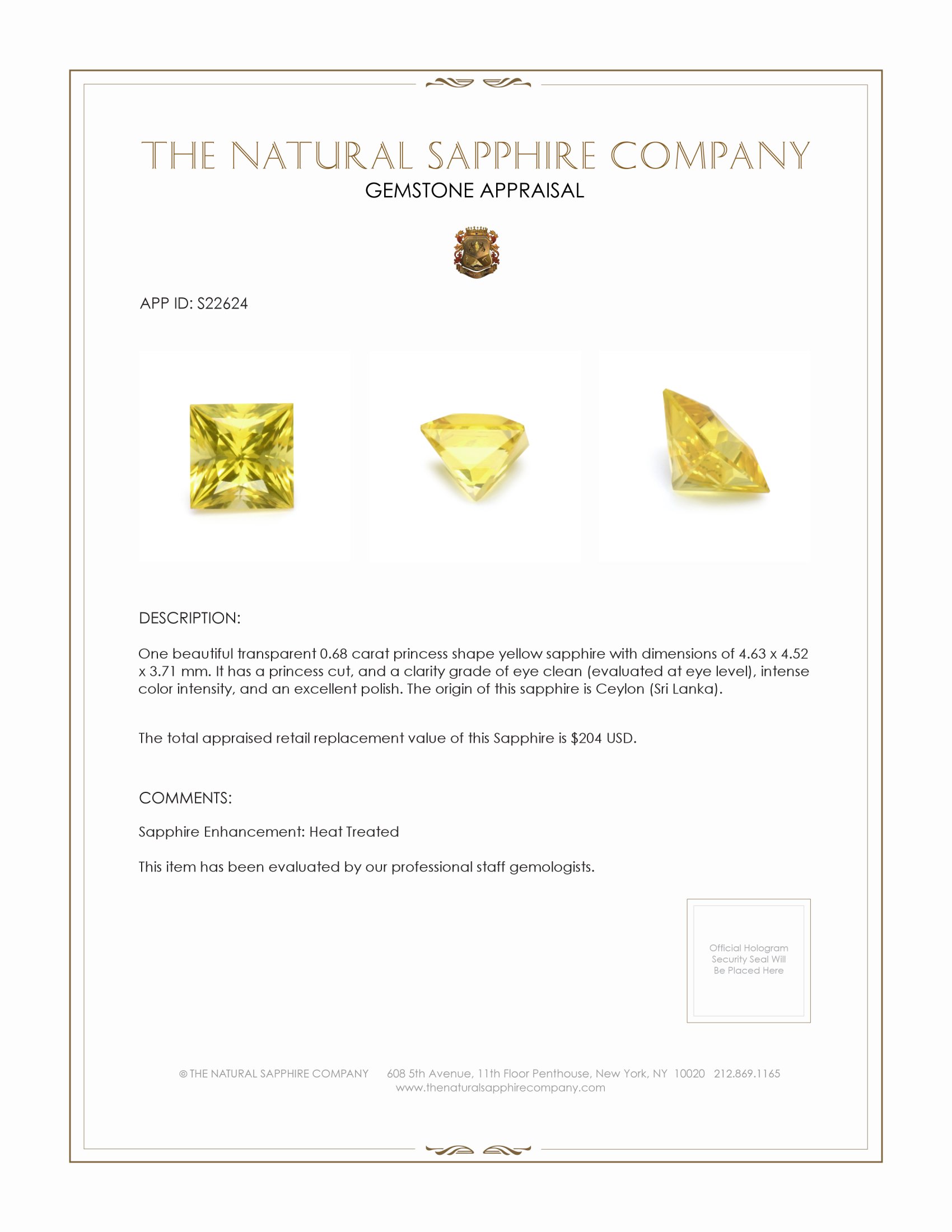 0.68 Ct. Yellow Sapphire from Ceylon (Sri Lanka)