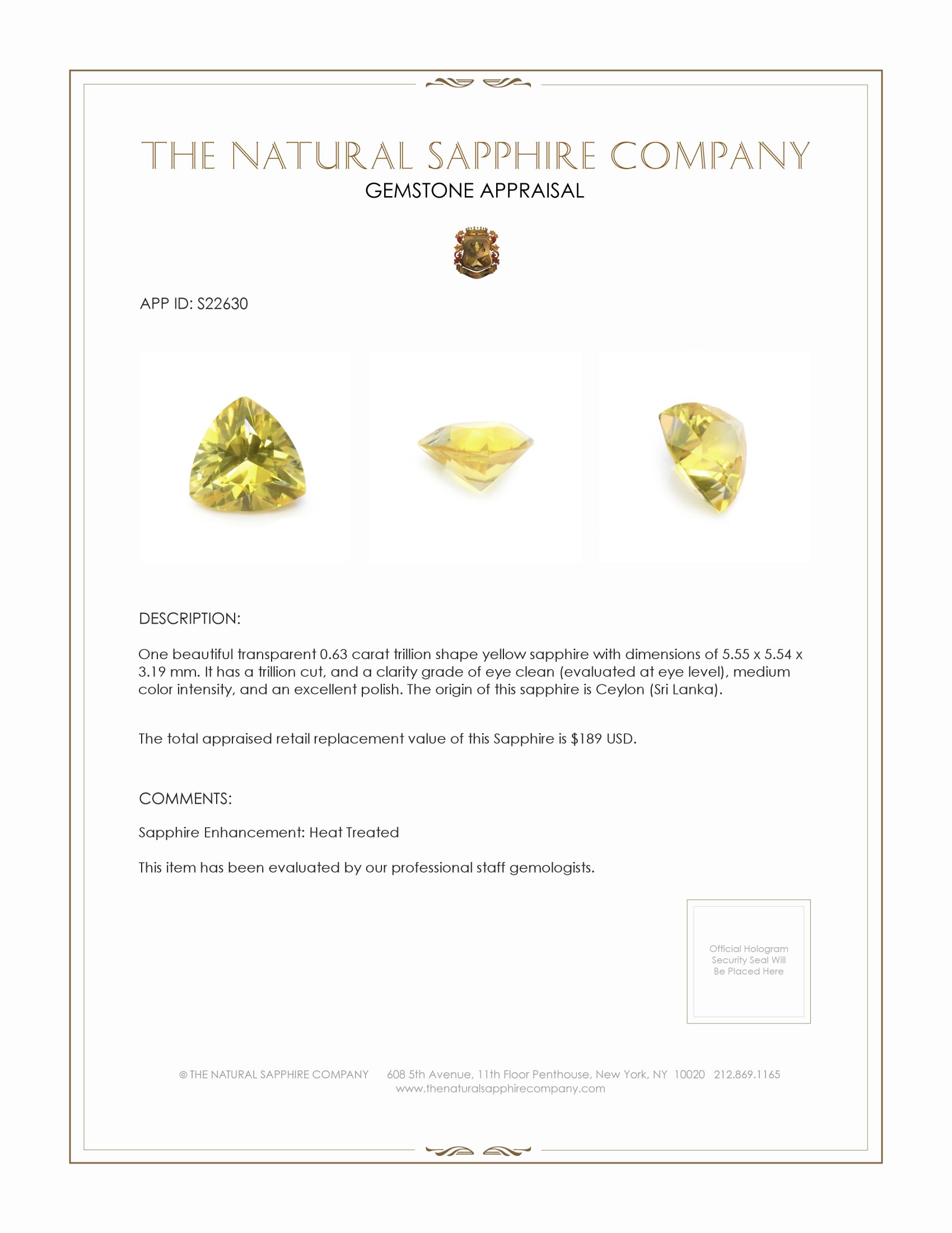 0.63 Ct. Yellow Sapphire from Ceylon (Sri Lanka)