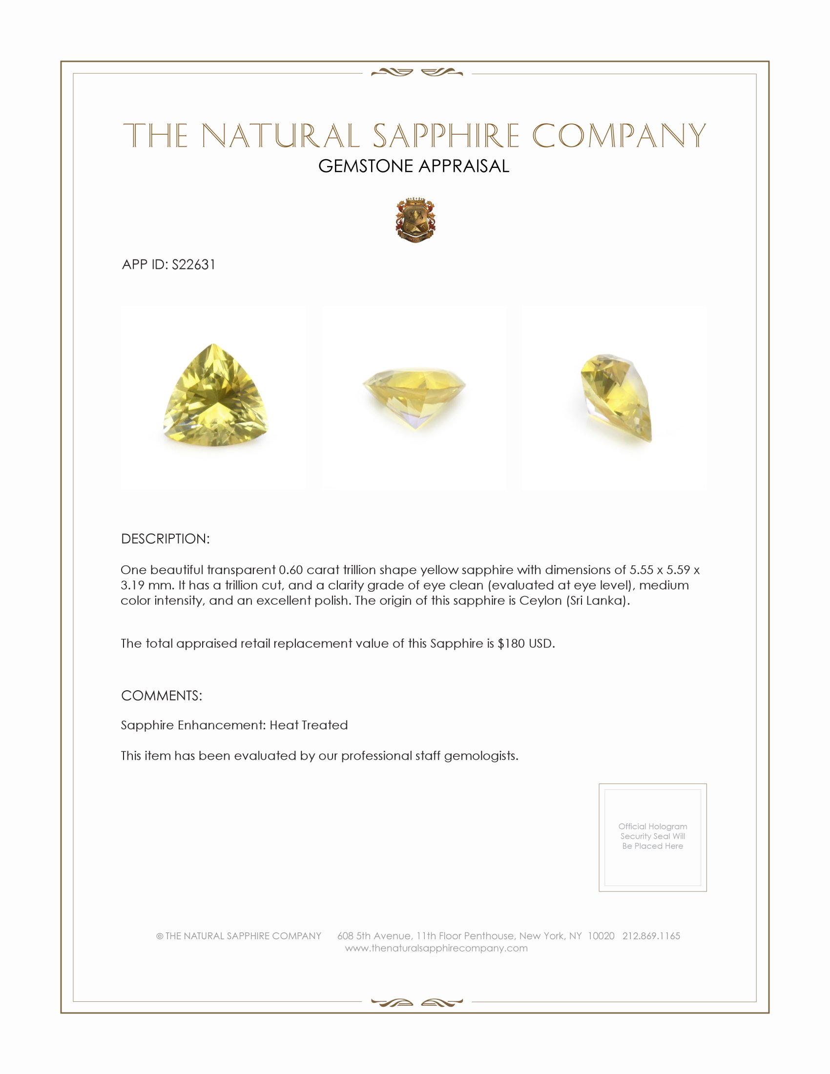 0.60 Ct. Yellow Sapphire from Ceylon (Sri Lanka)
