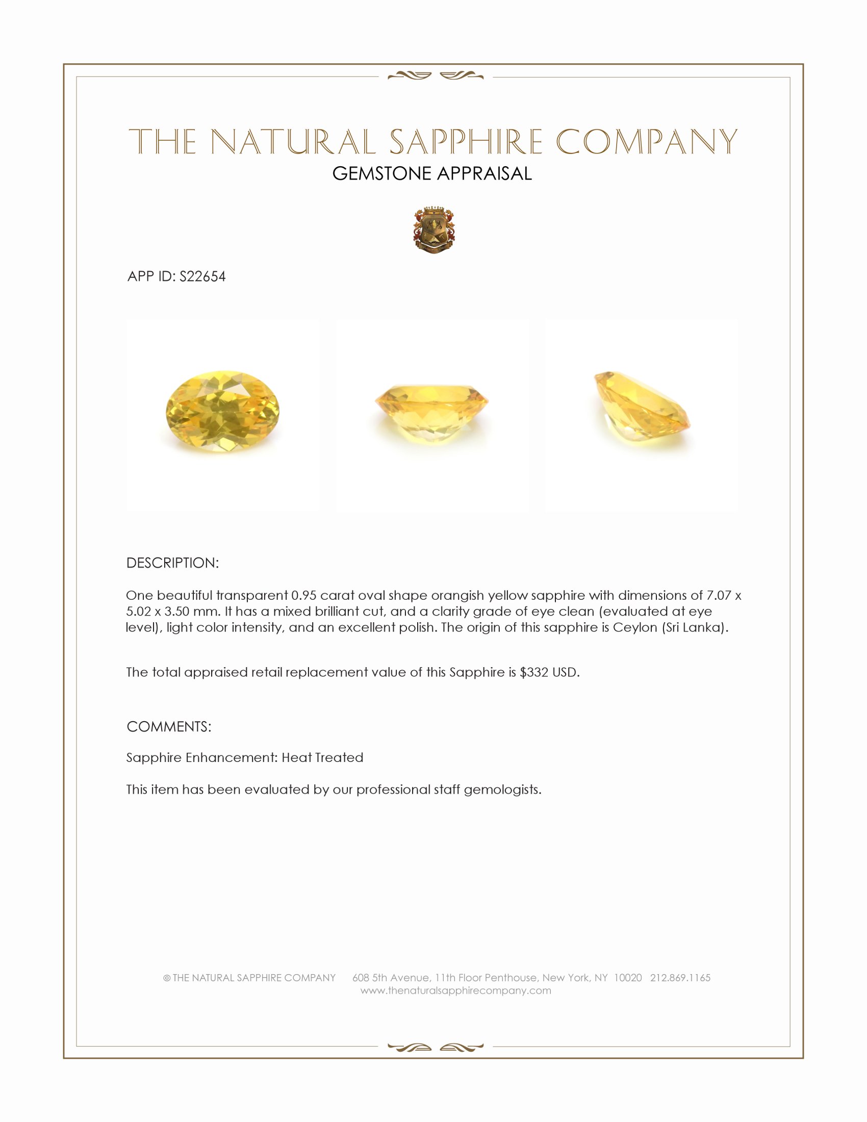0.95 Ct. Orangish Yellow Sapphire from Ceylon (Sri Lanka)