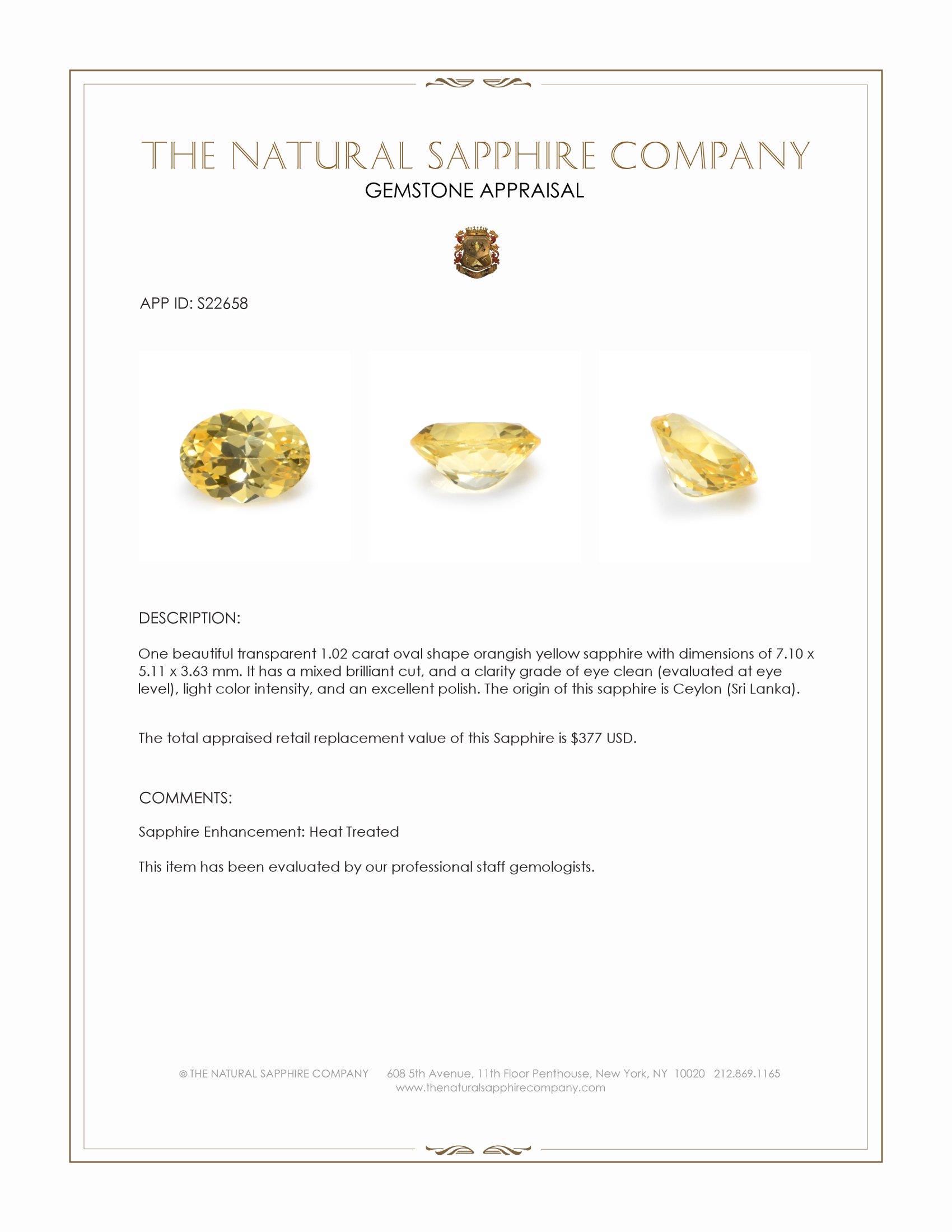 1.02 Ct. Orangish Yellow Sapphire from Ceylon (Sri Lanka)