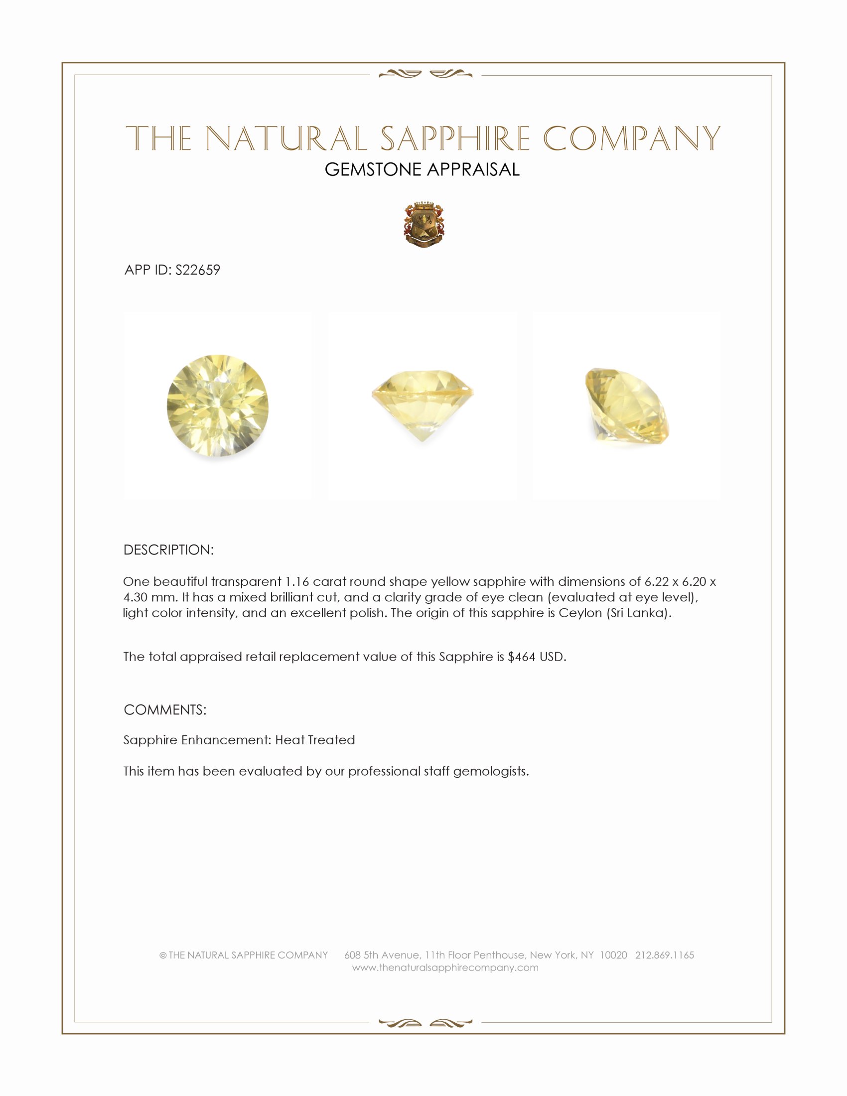 1.16 Ct. Yellow Sapphire from Ceylon (Sri Lanka)