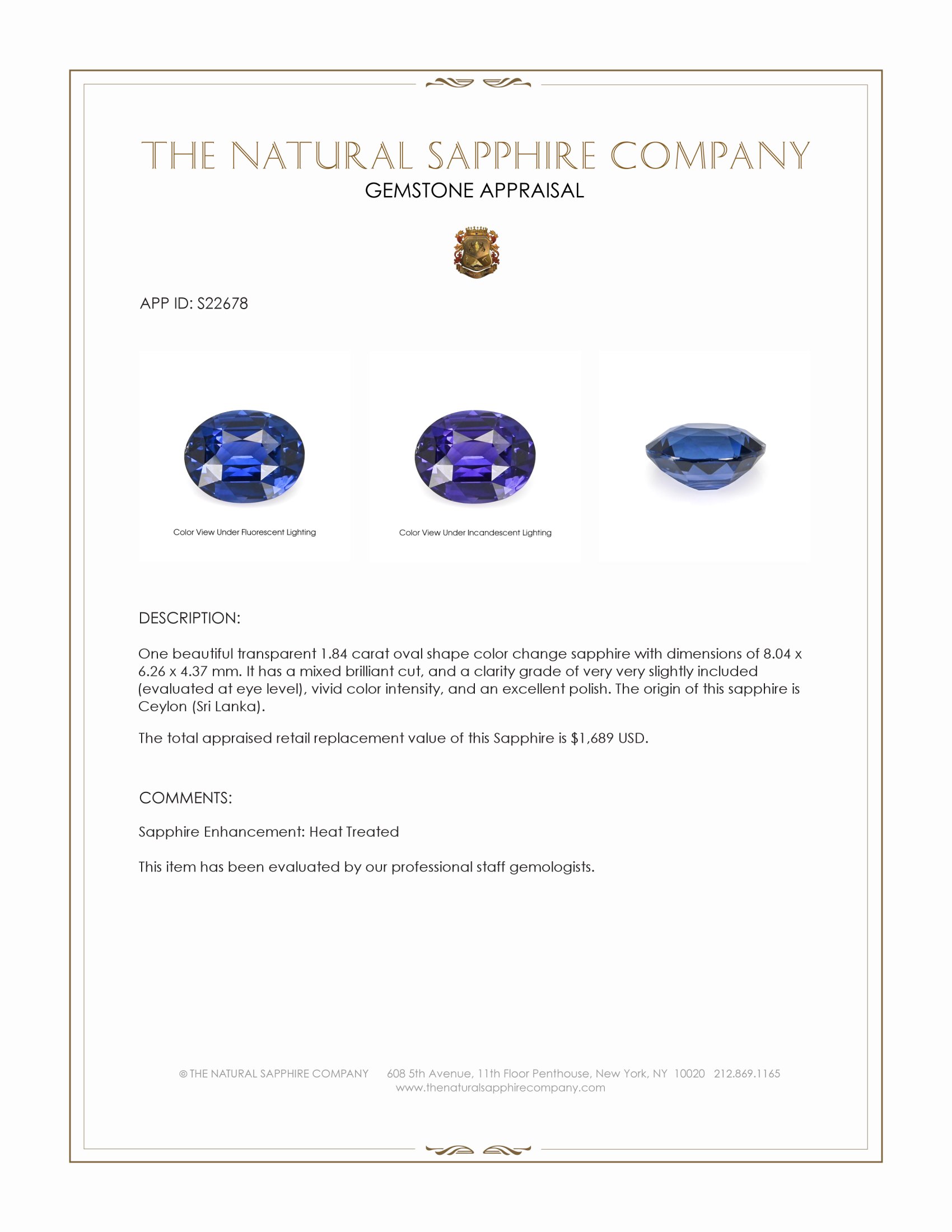 1.84 Ct. Color Change Sapphire from Ceylon (Sri Lanka)