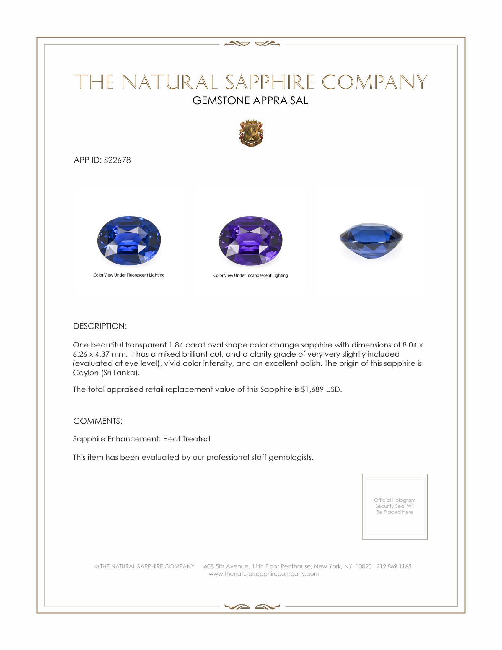 1.84 Ct. Color Change Sapphire from Ceylon (Sri Lanka)