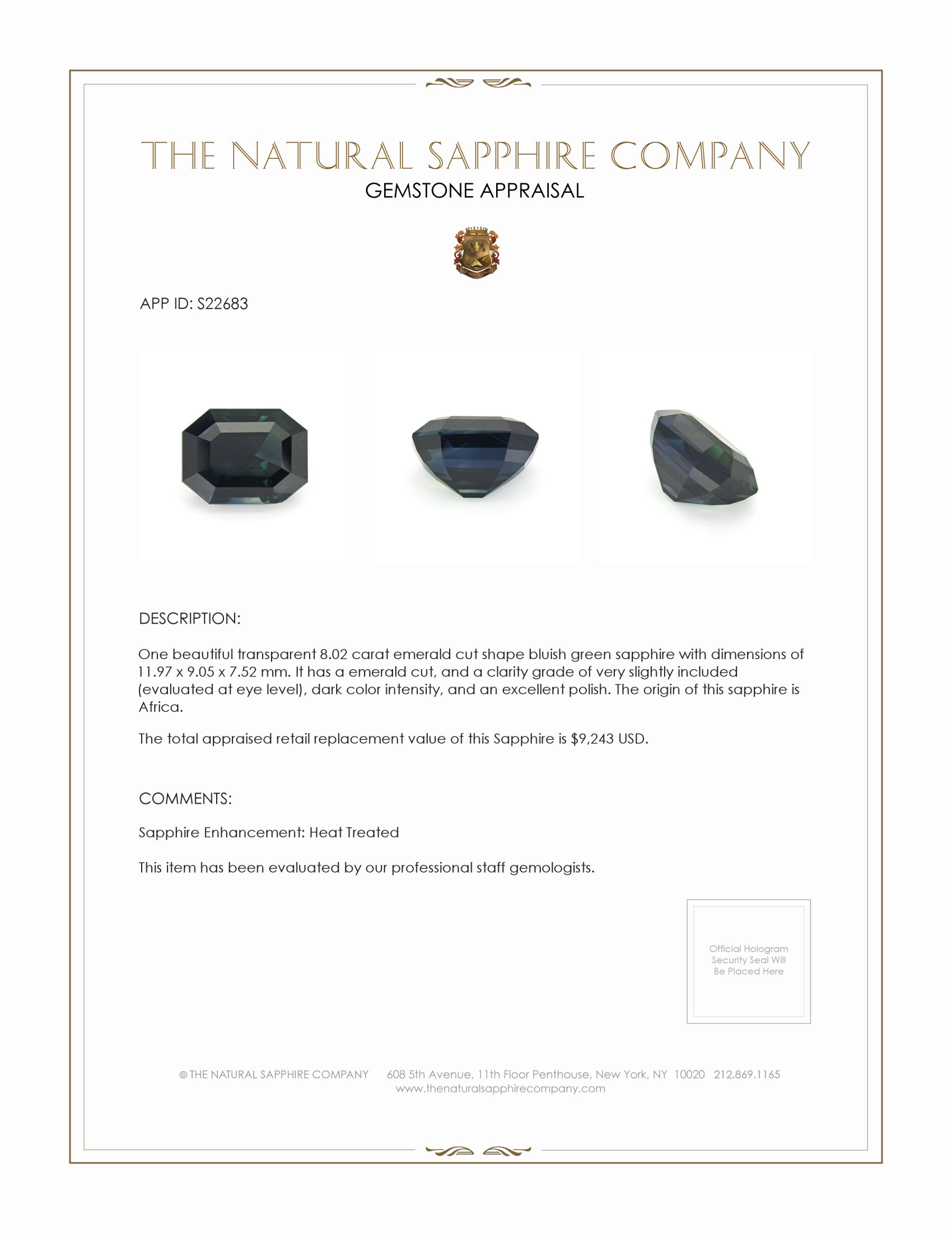 8.02 Ct. Bluish Green Sapphire from Africa