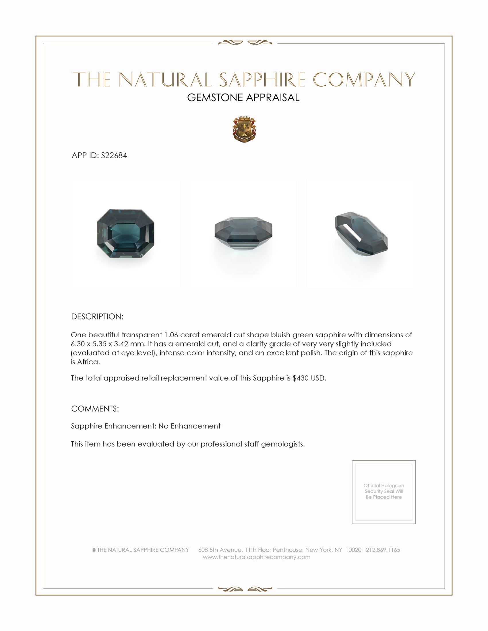 1.06 Ct. Bluish Green Sapphire from Africa