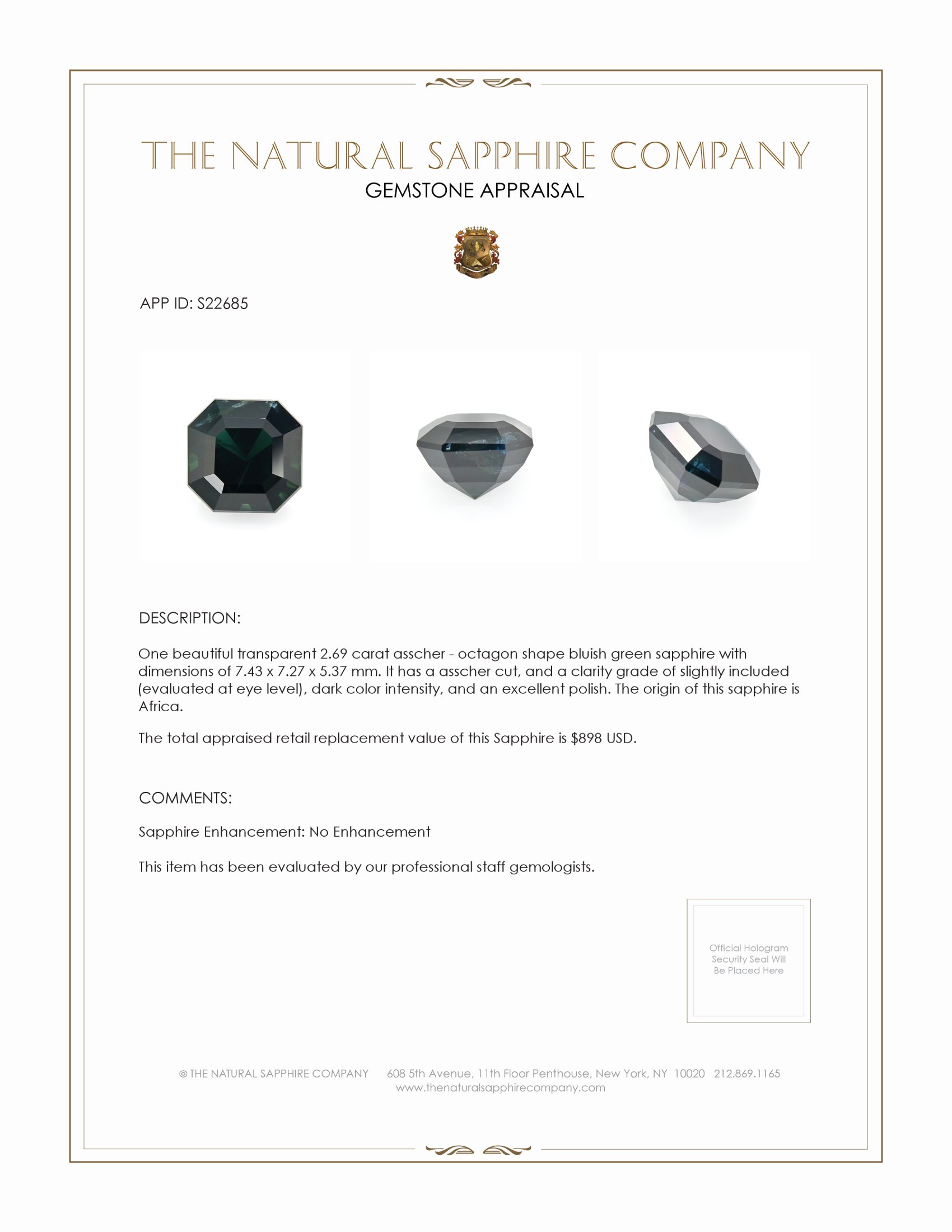 2.69 Ct. Bluish Green Sapphire from Africa