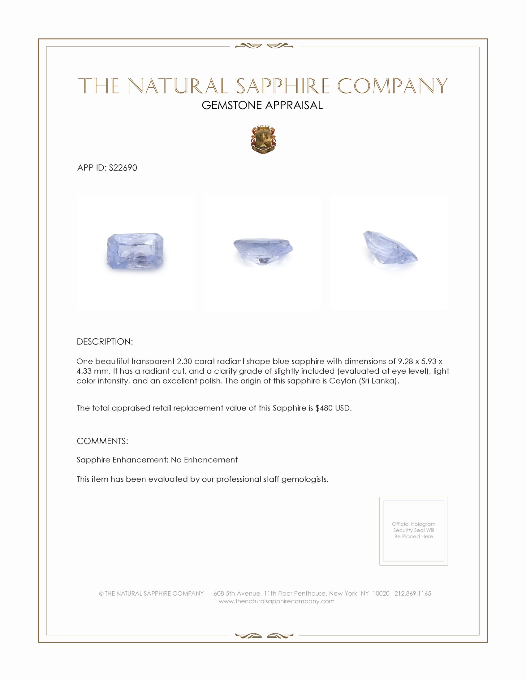 2.30 Ct. Blue Sapphire from Ceylon (Sri Lanka)