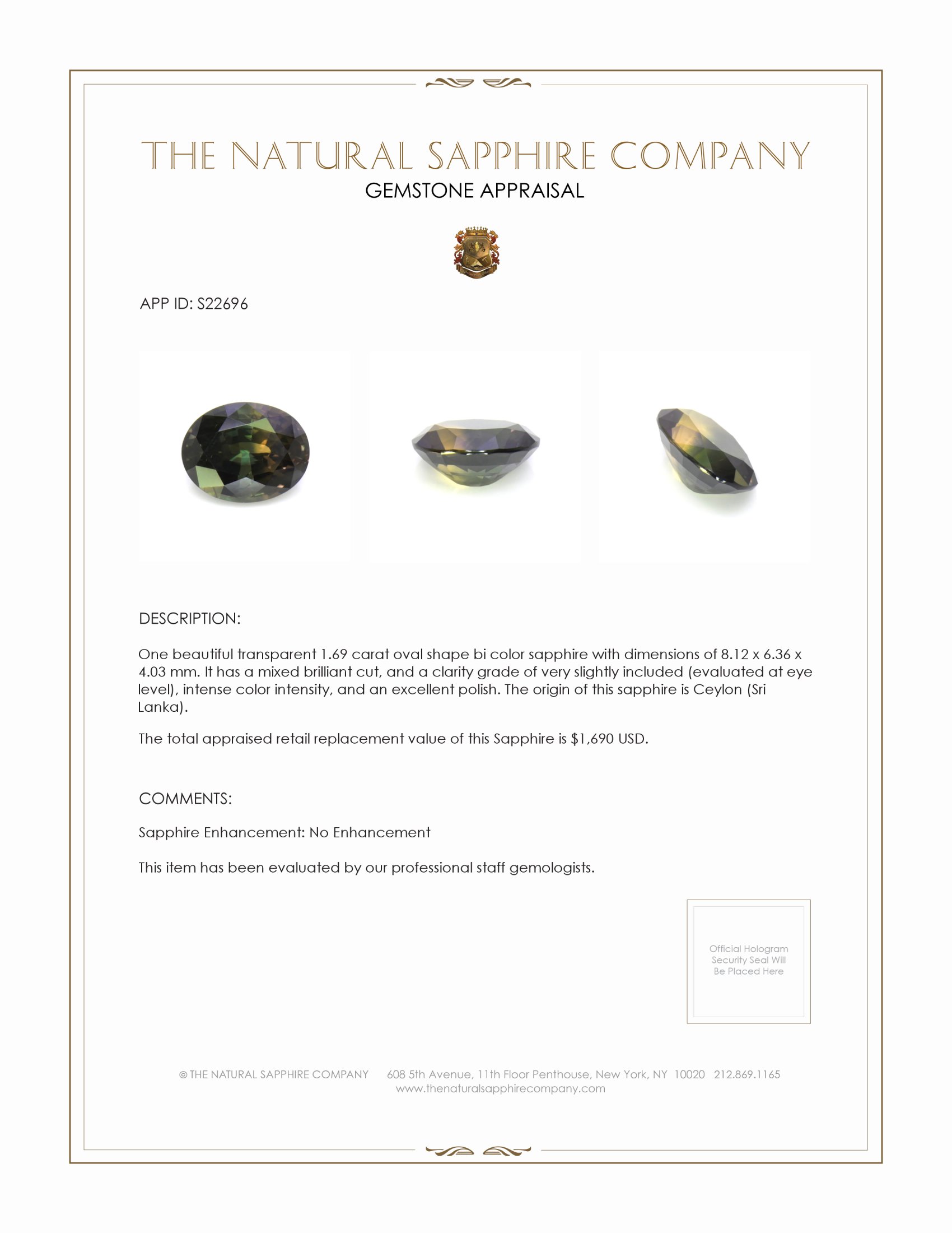 1.69 Ct. Bi Color Sapphire from Ceylon (Sri Lanka)