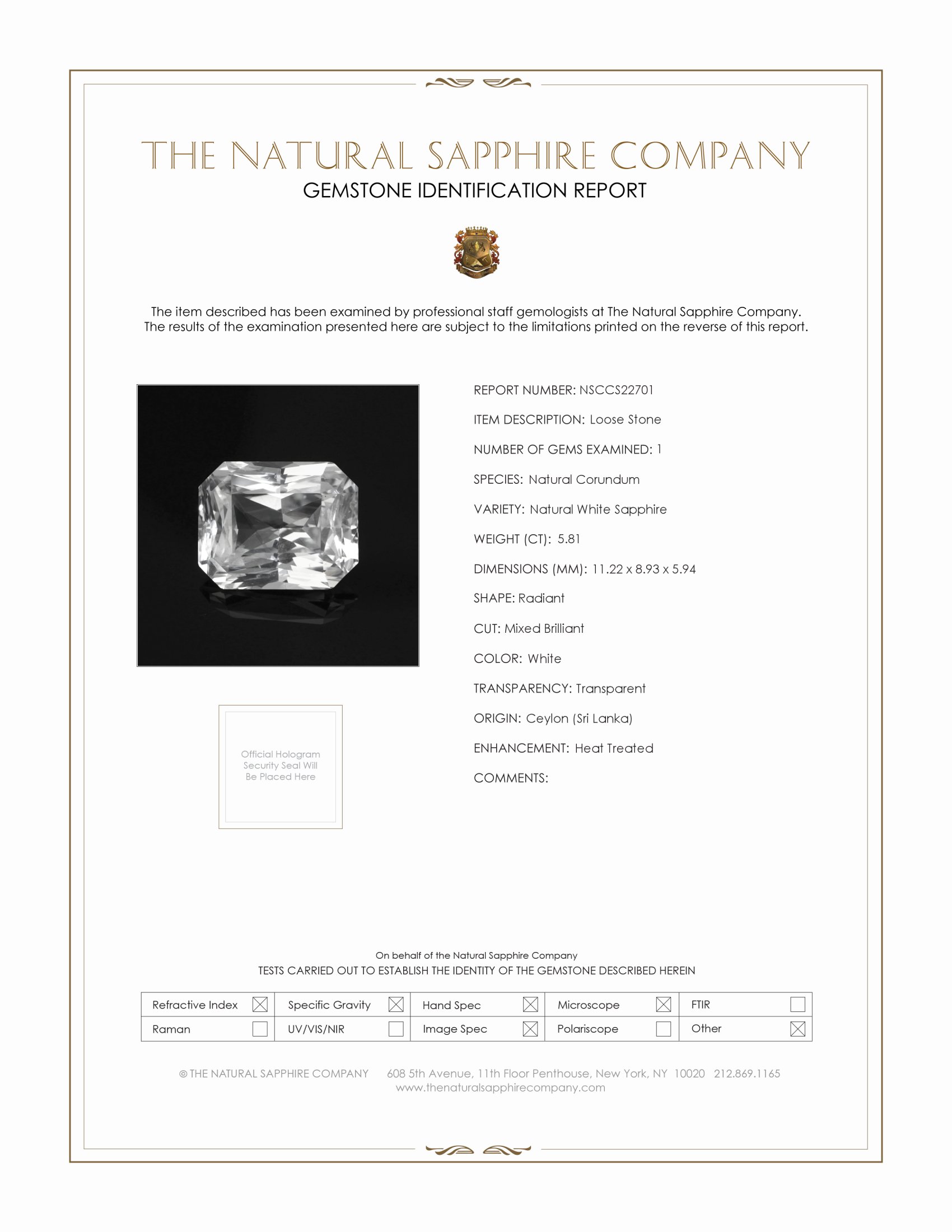 5.81 Ct. White Sapphire from Ceylon (Sri Lanka)