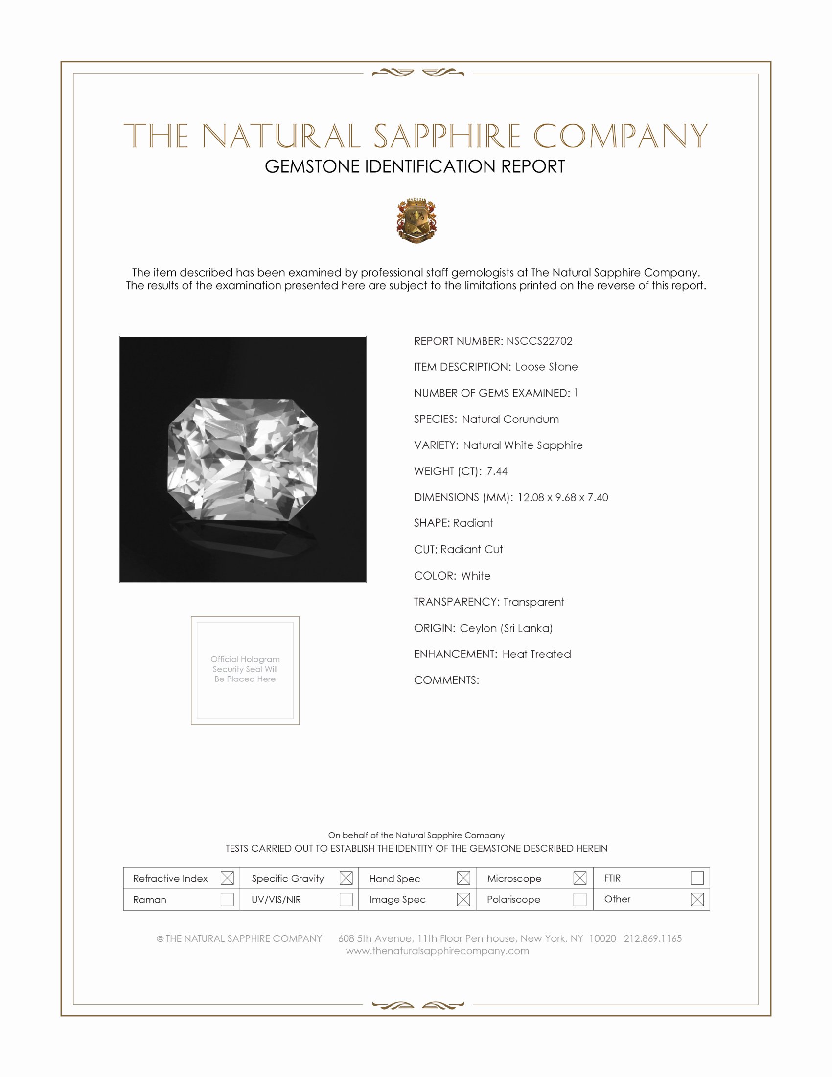 7.44 Ct. White Sapphire from Ceylon (Sri Lanka)