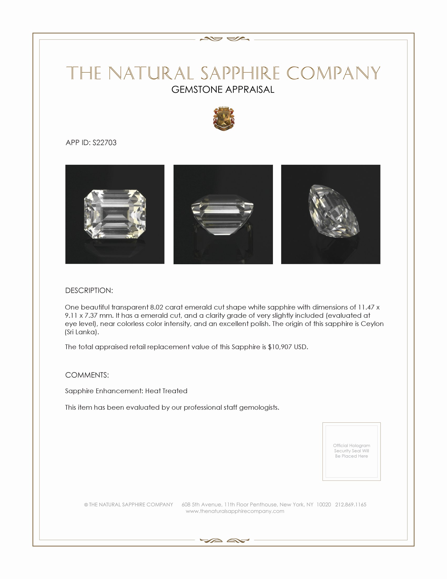 8.02 Ct. White Sapphire from Ceylon (Sri Lanka)