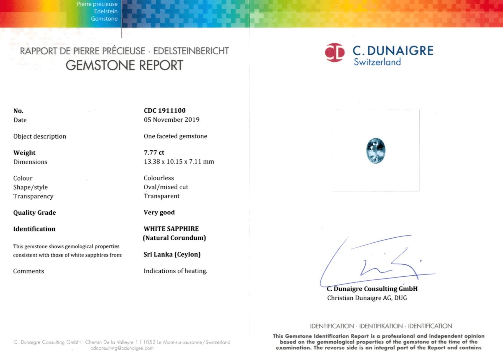 7.77 Ct. White Sapphire from Ceylon (Sri Lanka)