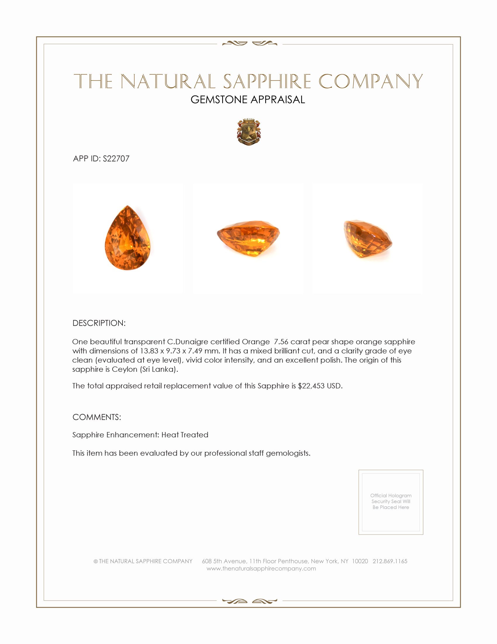 7.56 Ct. Orange Sapphire from Ceylon (Sri Lanka)