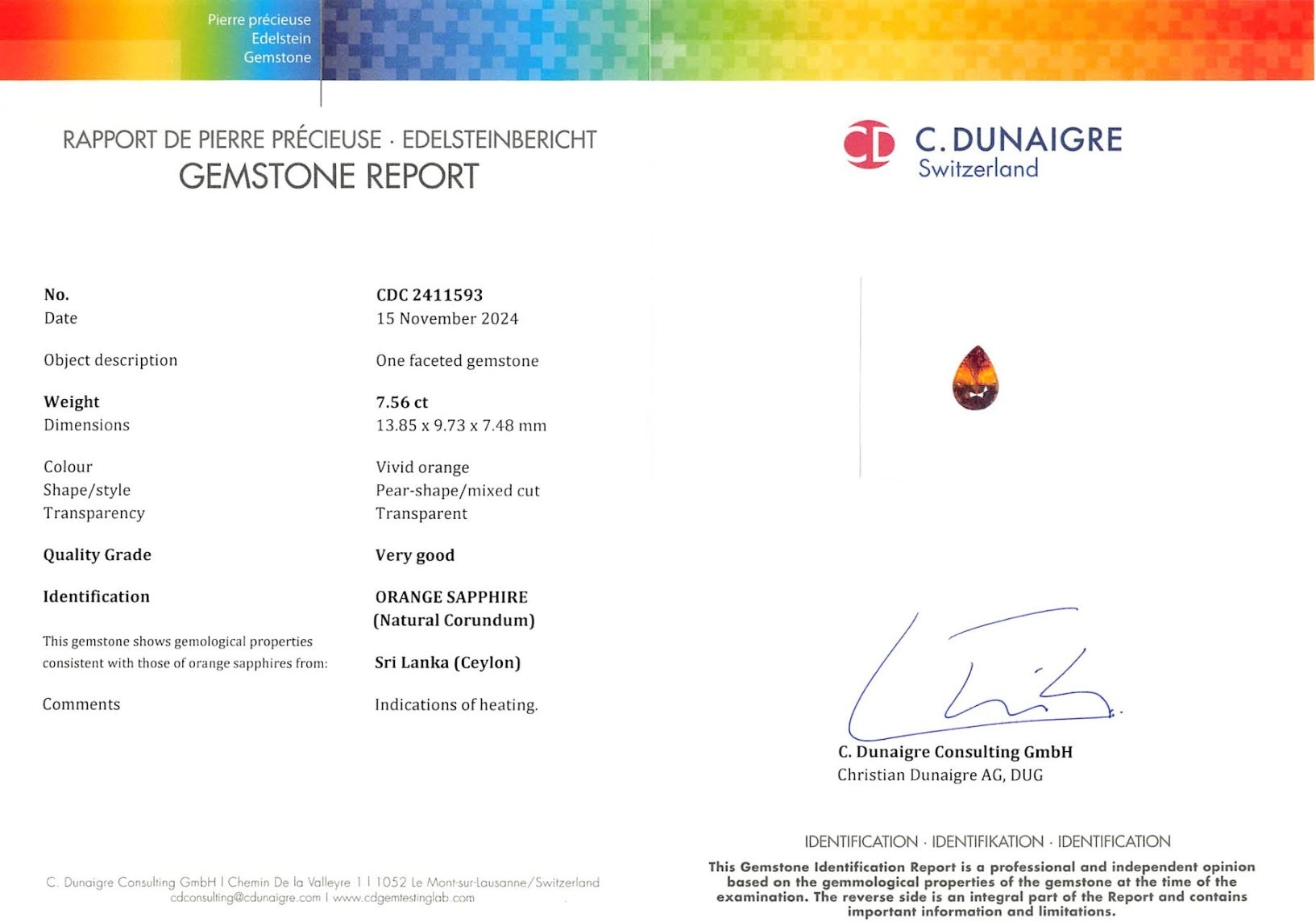 7.56 Ct. Orange Sapphire from Ceylon (Sri Lanka)