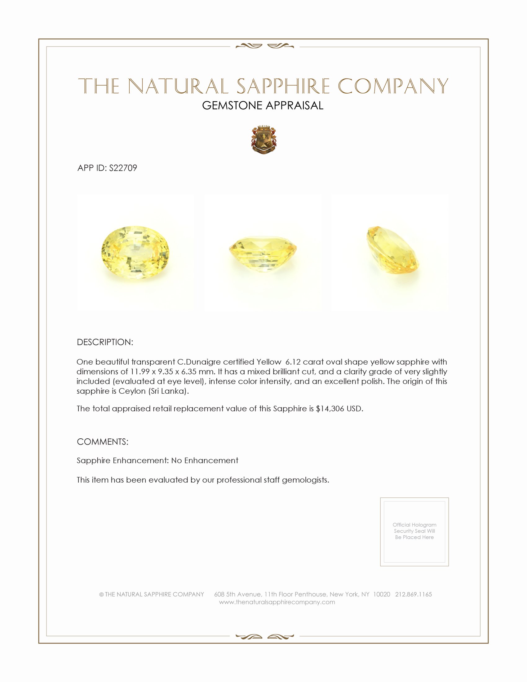 6.12 Ct. Yellow Sapphire from Ceylon (Sri Lanka)