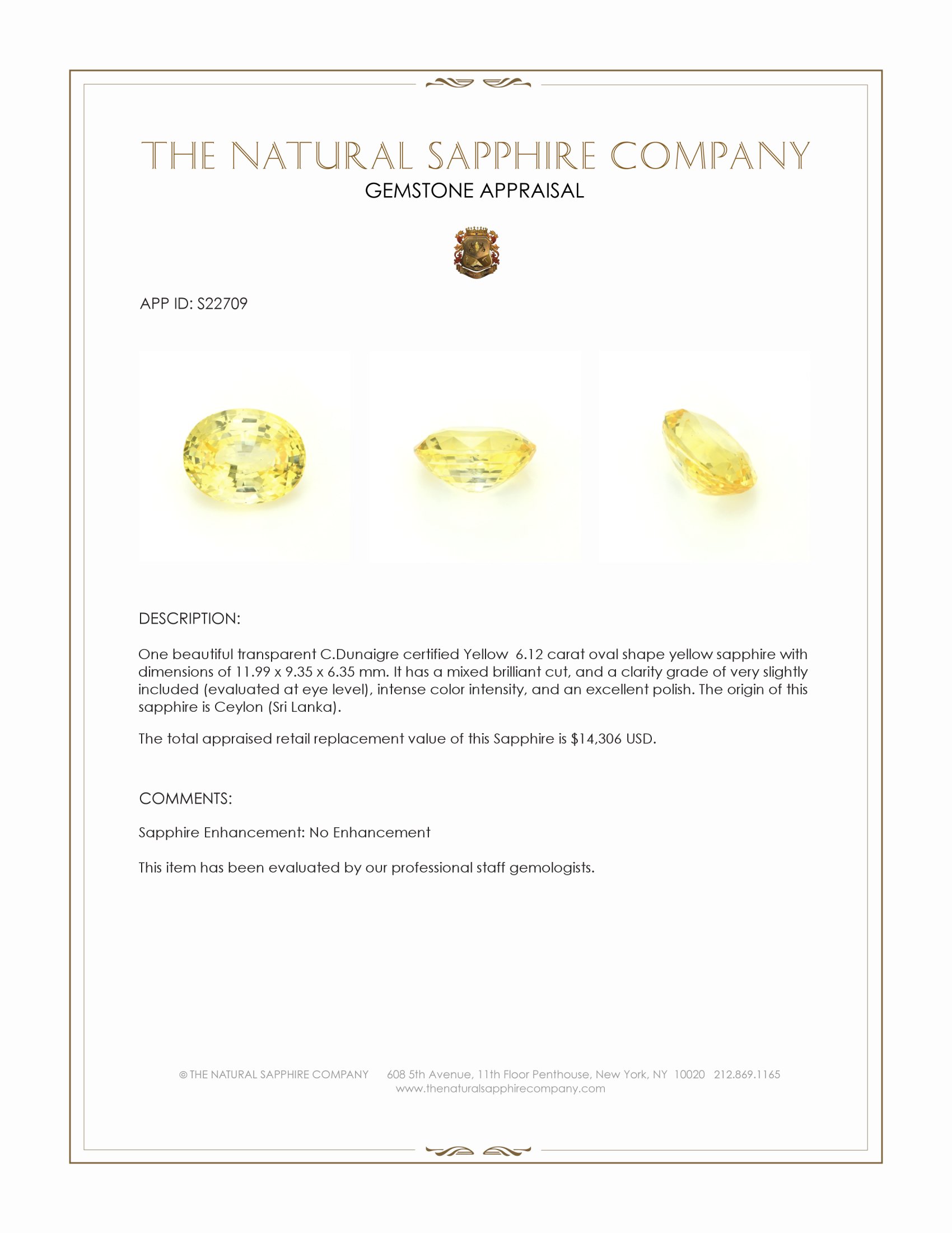 6.12 Ct. Yellow Sapphire from Ceylon (Sri Lanka)