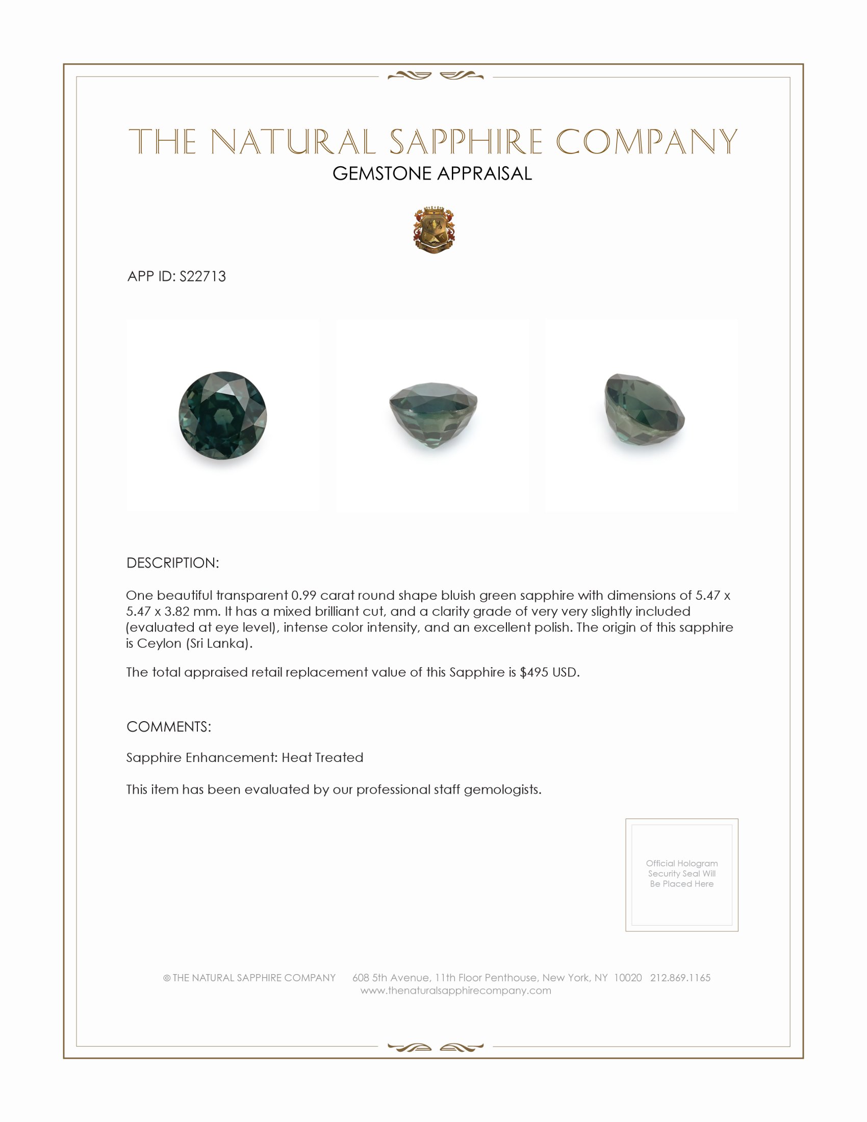 0.99 Ct. Bluish Green Sapphire from Ceylon (Sri Lanka)