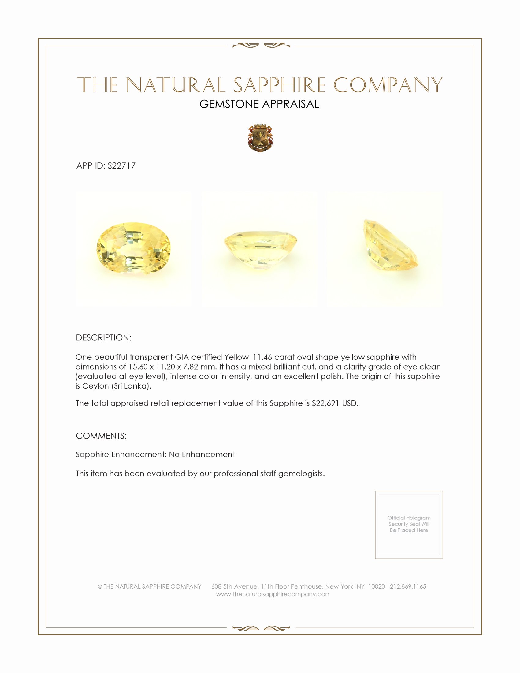11.46 Ct. Yellow Sapphire from Ceylon (Sri Lanka)